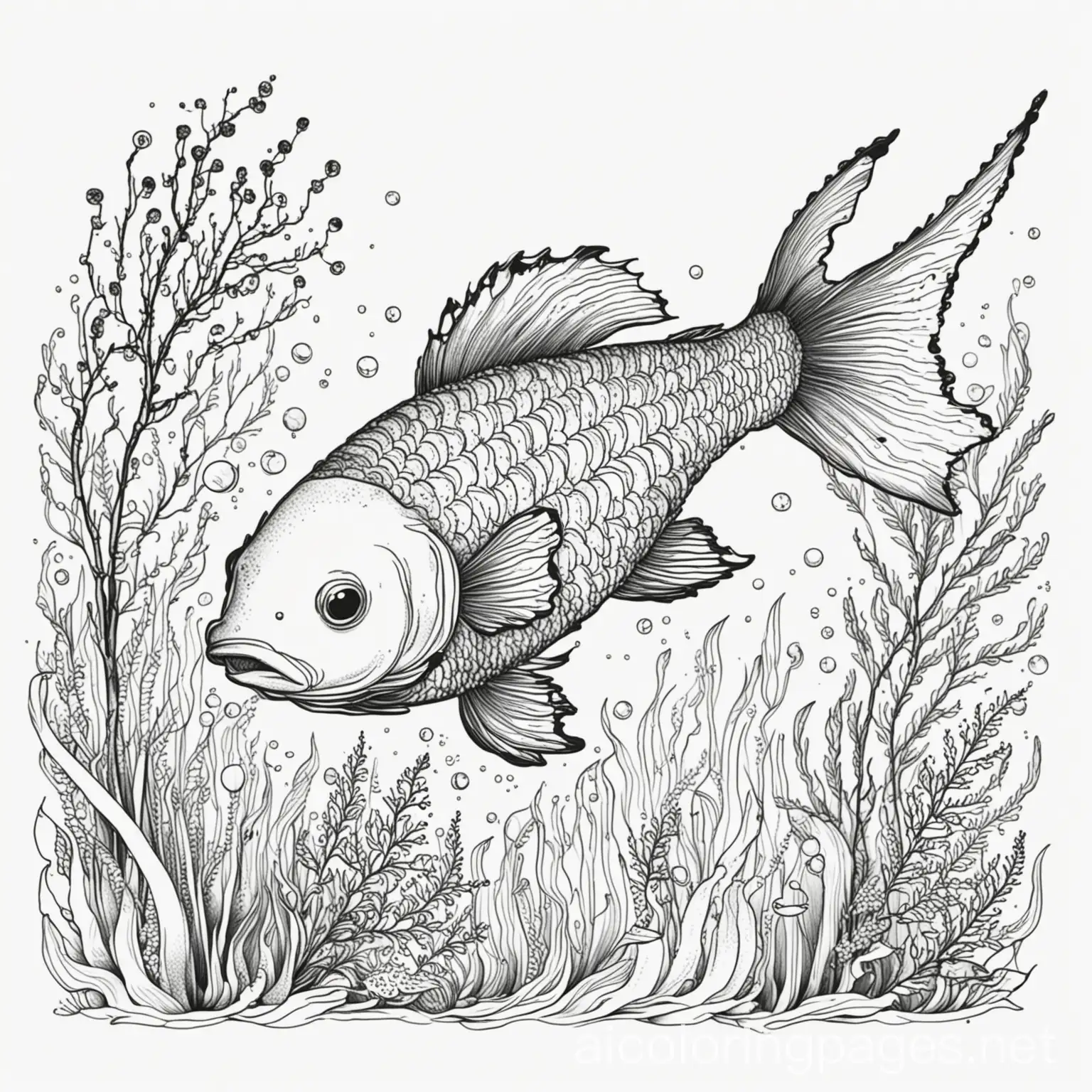 Fish and seaweed, Coloring Page, black and white, line art, white background, Simplicity, Ample White Space.