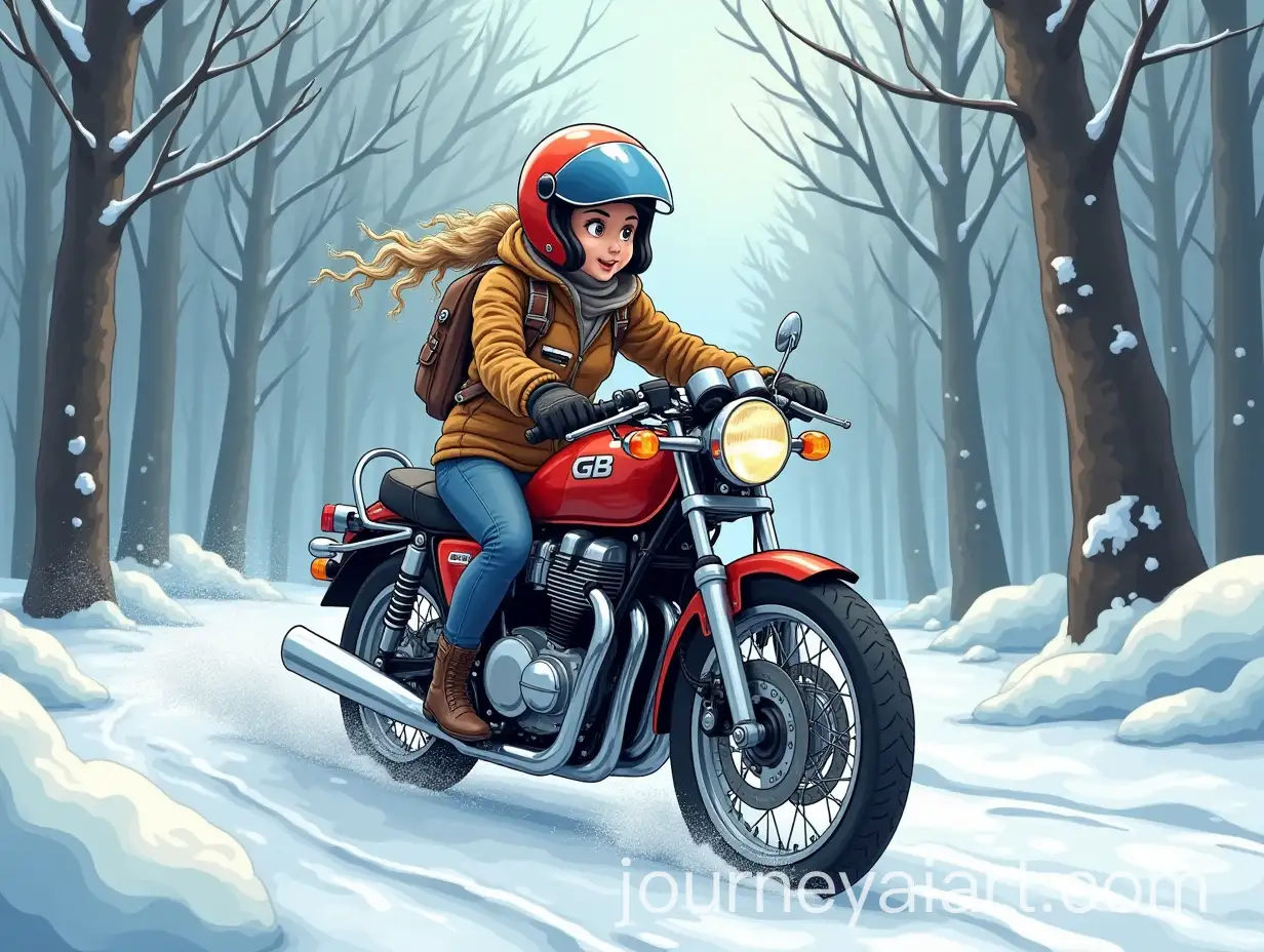Blonde-Girl-Riding-Honda-CB-750-Hornet-Motorcycle-in-Snowy-Forest