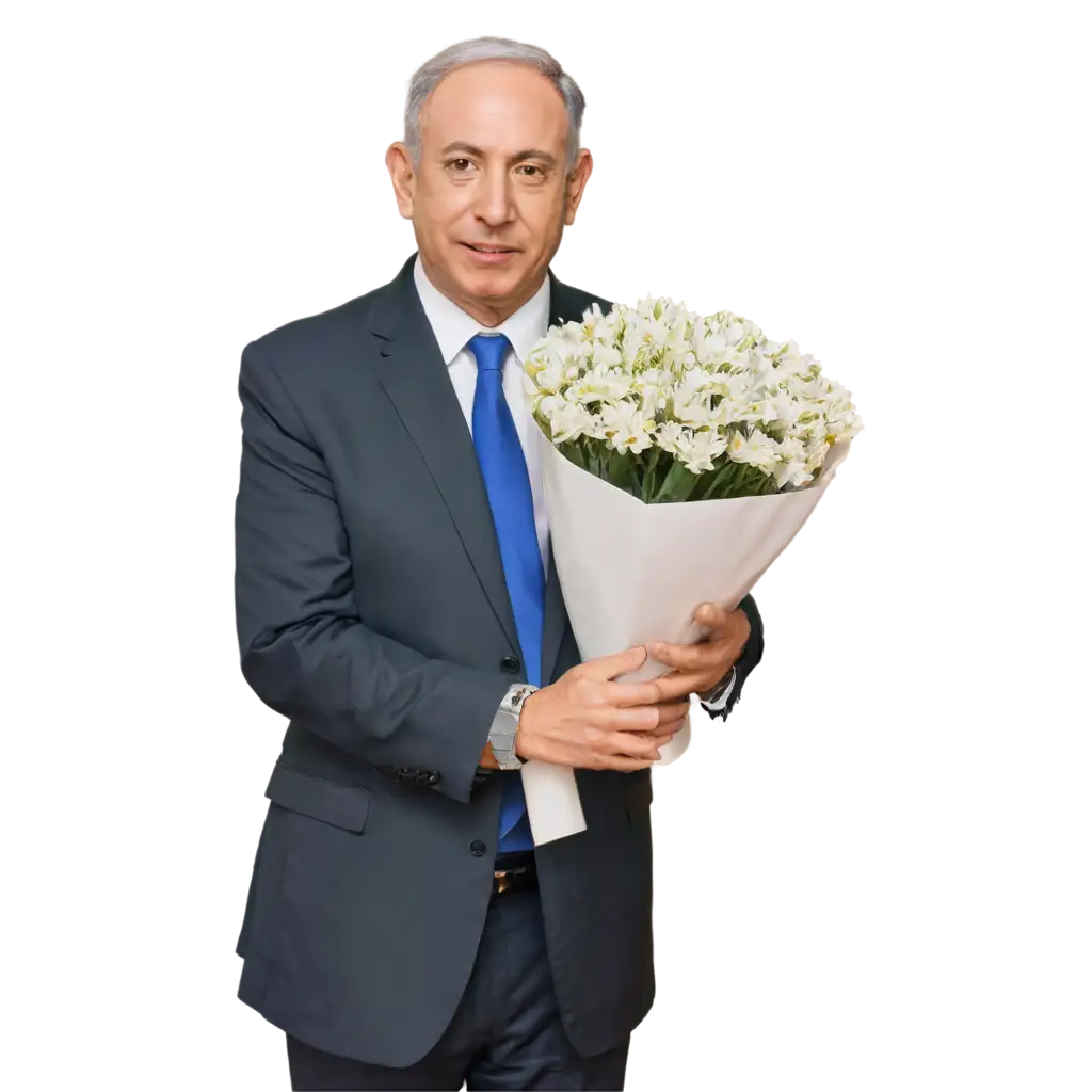 Netanyahu holding bouquet of flowers and a trophy