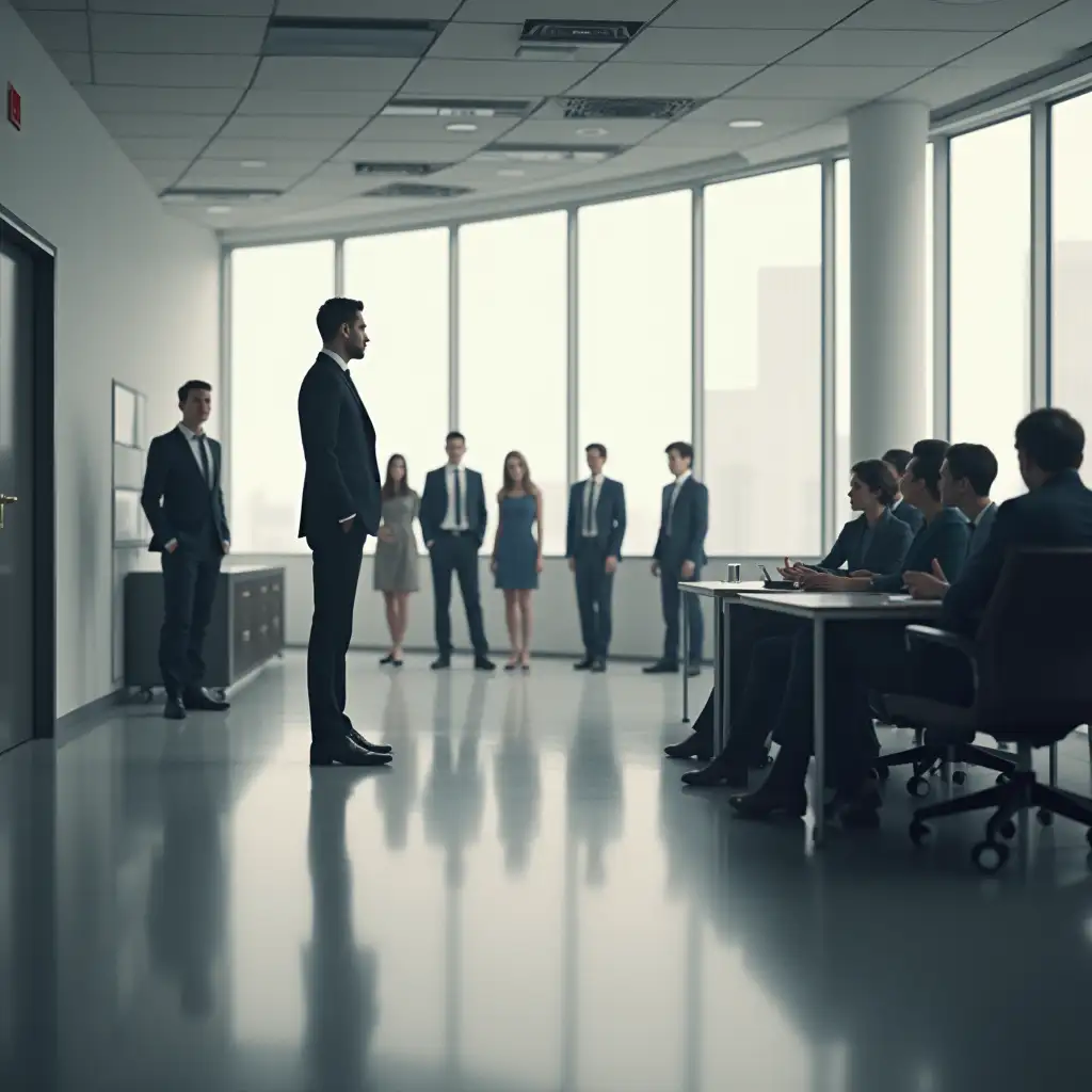 an image showing a person on their own on one side of the room and a group of persons on the other side of the room. The people should be in an office environment wearing office outfits. The image should be highly photorealistic.