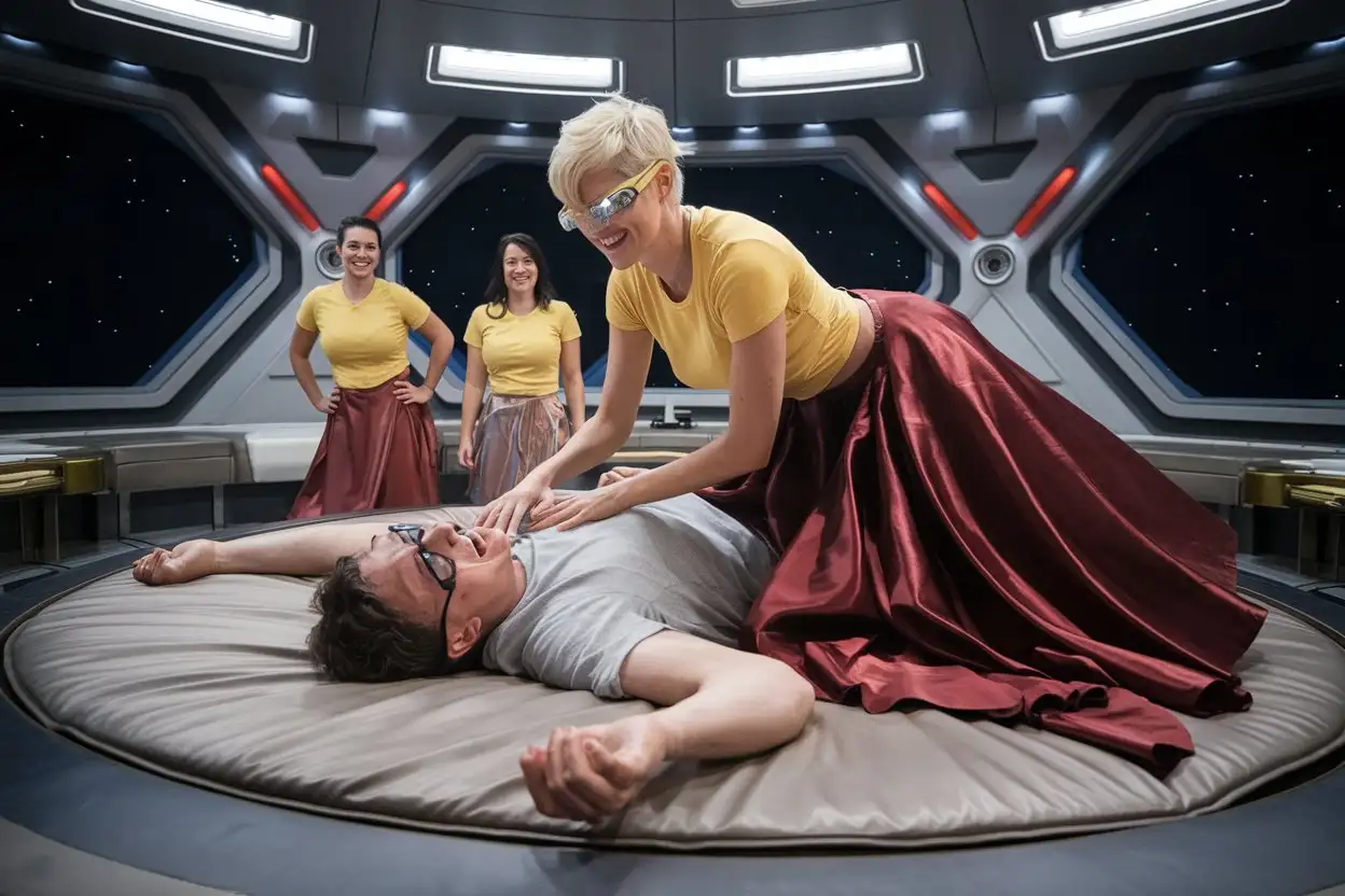 Luxury-Spaceship-Lounge-with-Laughing-Man-and-Women-in-Satin-Skirts