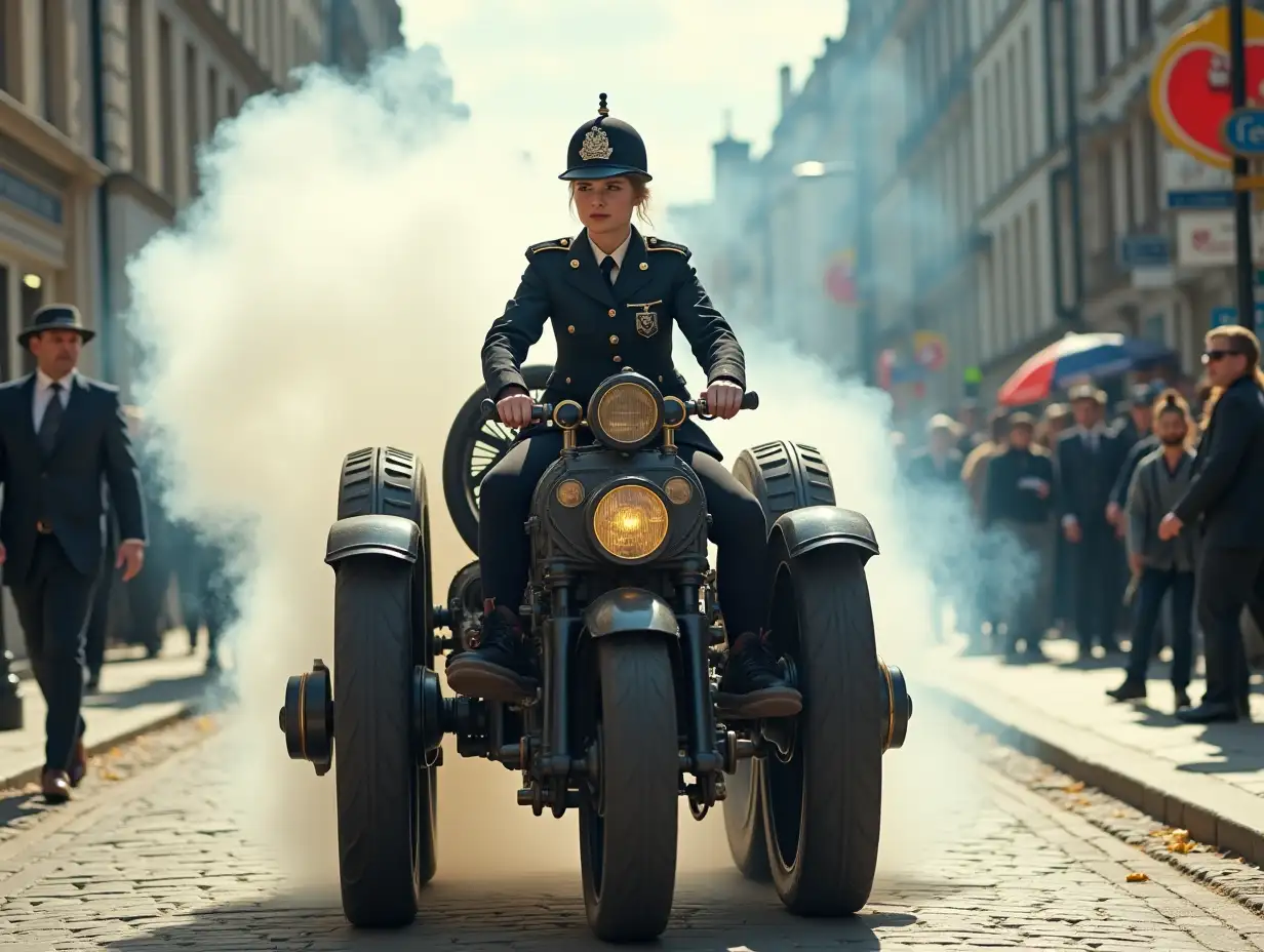 best quality photography of a young police woman, a female constable, on a three-wheel steampunk machine with large wheels. The vehicle emits clouds of steam. The scene unfolds in lively historical center of London with cobblestone roads. It is a sunny day. The woman wears retrofuturistic police uniform, steampunk police uniform, bobby's helmet. She hold a loaded flintlock pistol in her hand, ready to respond to any threat. Dynamic perspective, maximum detail. 16k resolution, hyperrealism, ultrarealistic photography.