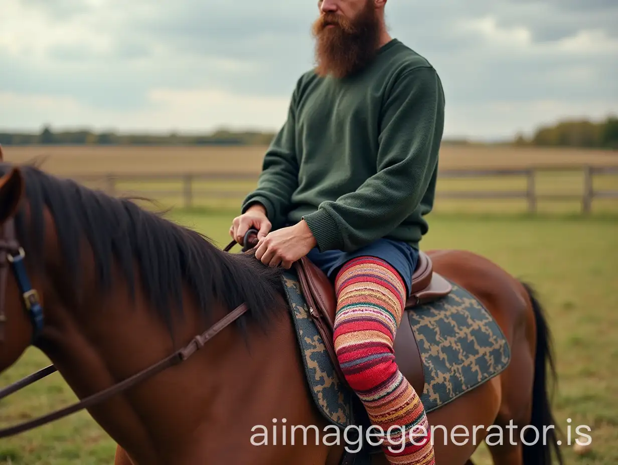 Man wears colorful knit tights while riding a horse.