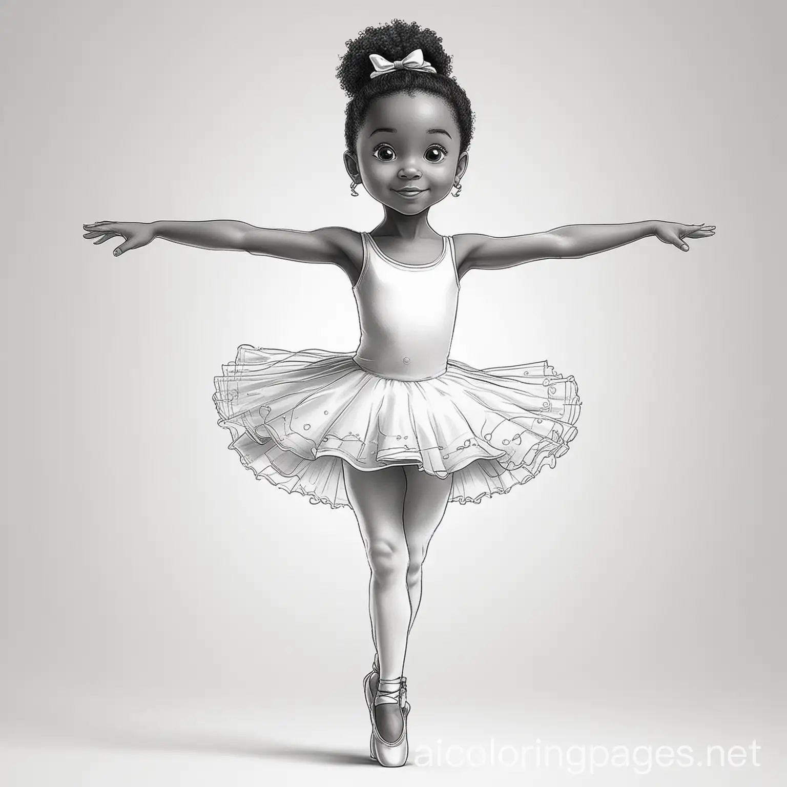 black girl ballerina dancing in a studio doing first position, colouring page, black and white, cartoon, Coloring Page, black and white, line art, white background, Simplicity, Ample White Space. The background of the coloring page is plain white to make it easy for young children to color within the lines. The outlines of all the subjects are easy to distinguish, making it simple for kids to color without too much difficulty