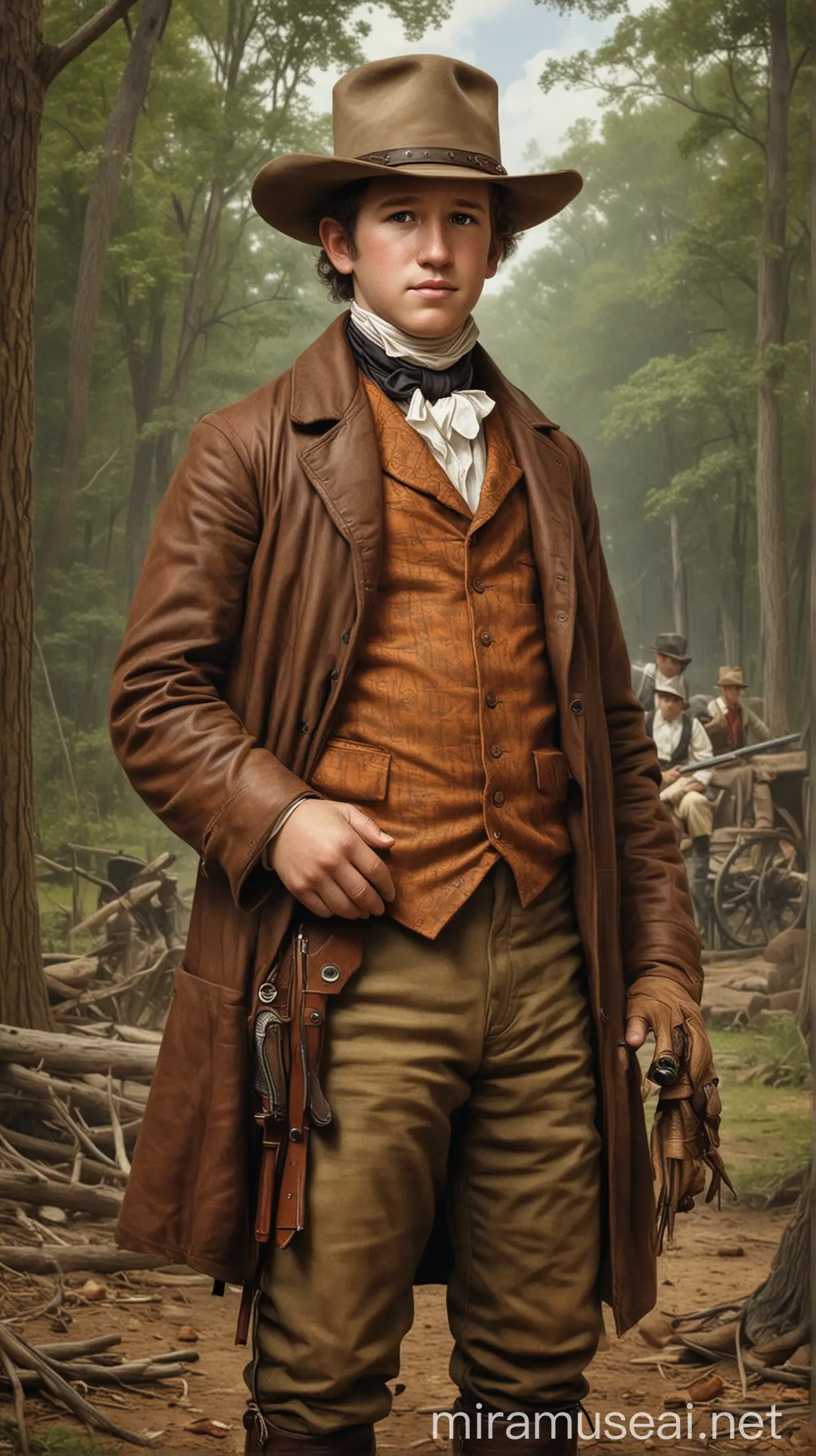 Illustrate a young Sam Houston in Virginia, showcasing his early life and adventurous spirit. hyper realistic