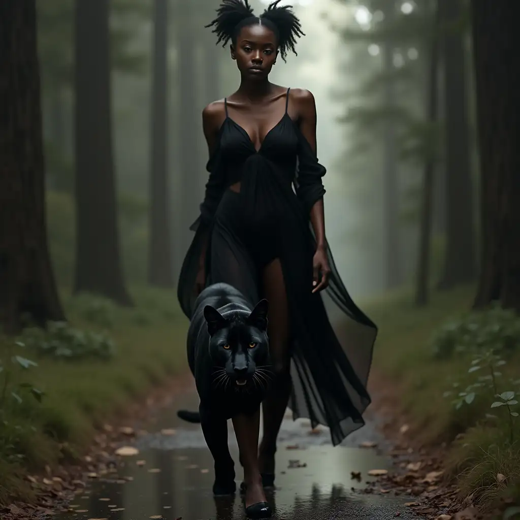 HDR full body image, 4k hyper realisic Elegant African American woman ethereal form, perfect features:  realistic eyes, walking her black panther,wearing black soft shoes. Facing viewer, soft focus, dreamlike atmosphere. Pictorialist aesthetic, light, shadow, texture hyper realism