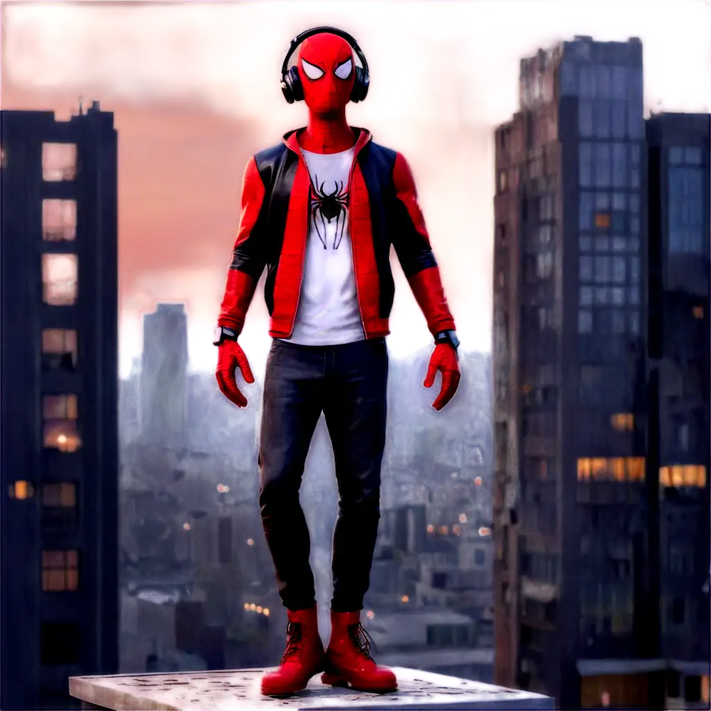 HOMEM-ARANHA-WEARING-CLASSIC-CLOTHES-AND-HEADPHONES-ON-TOP-OF-A-BUILDING-PNG-Image-Detailed-Cinematic-Portrait-in-8K-Realism