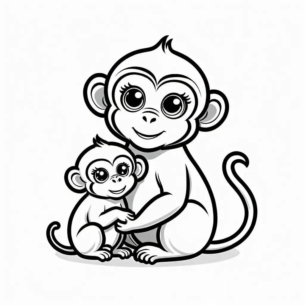 single baby monkey and mom cartoon drawing Coloring Page, black and white, line art, white background, Simplicity, Ample White Space