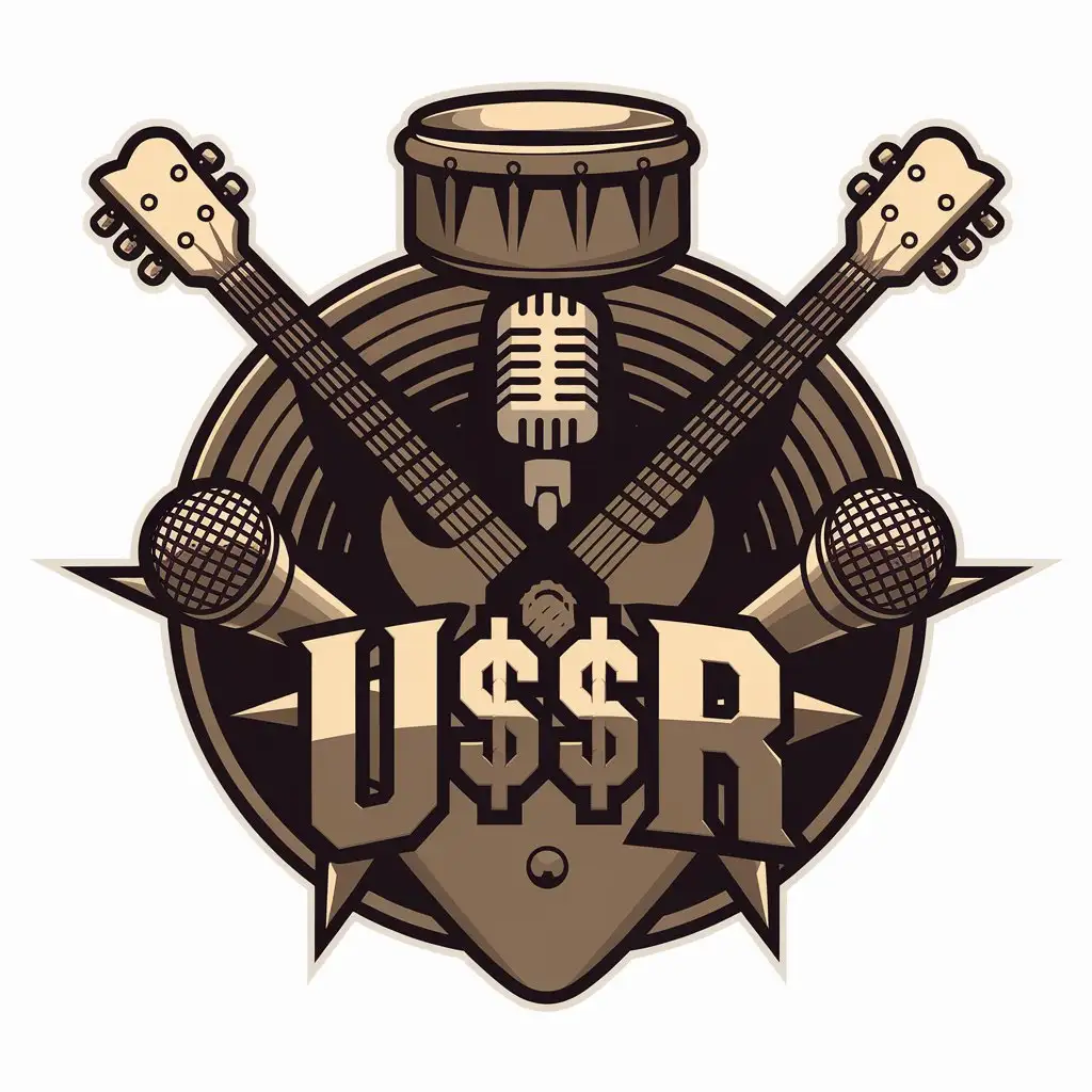 LOGO-Design-for-UR-Music-Industry-Icon-with-Guitar-Microphone-and-Drum