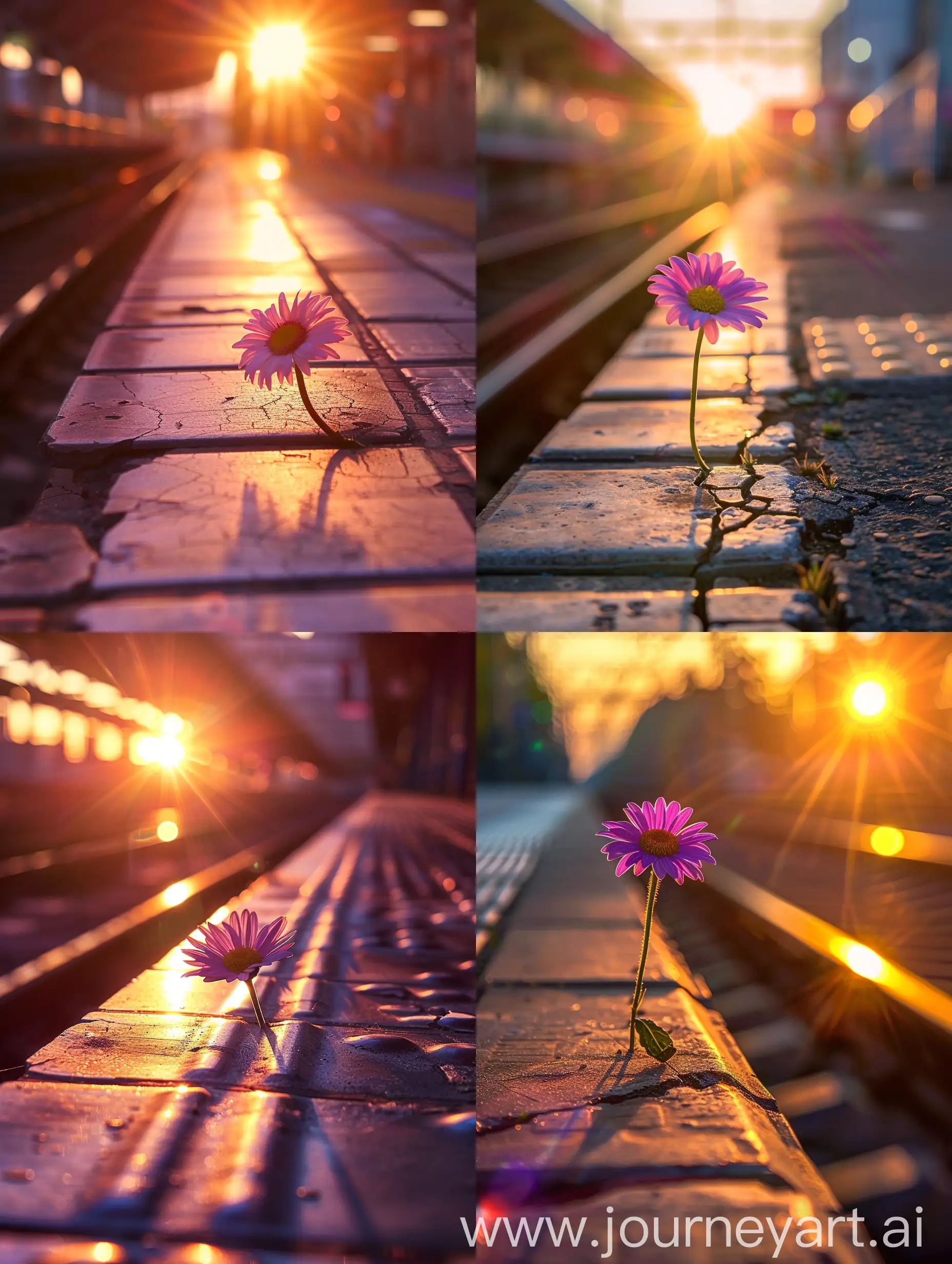 Solitary-Purple-Daisy-Flower-on-Train-Platform-at-Sunset