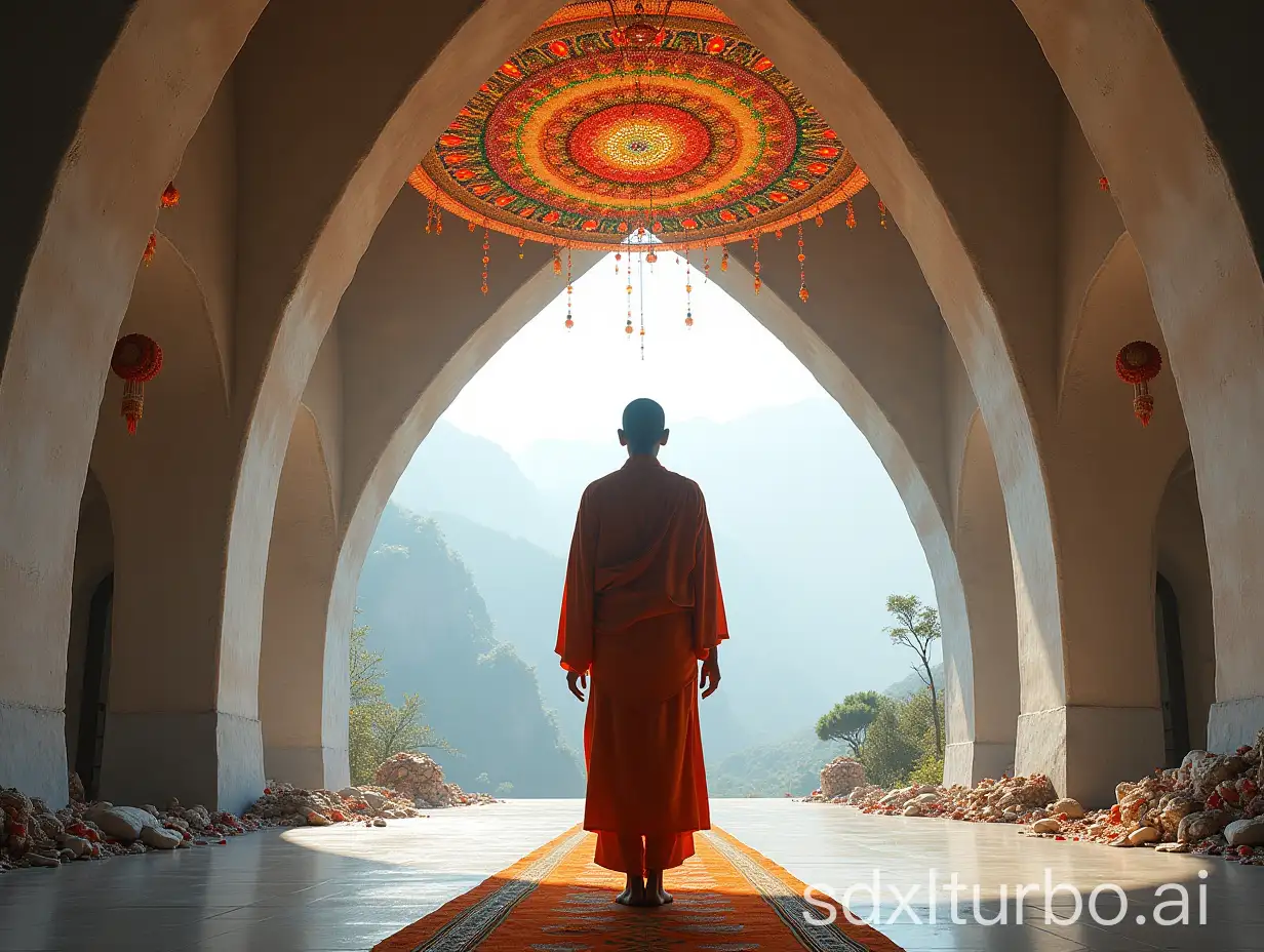 Standing-Yogi-in-Colorful-Yoga-Temple-with-Mandala-and-Mountain-Path-Opening