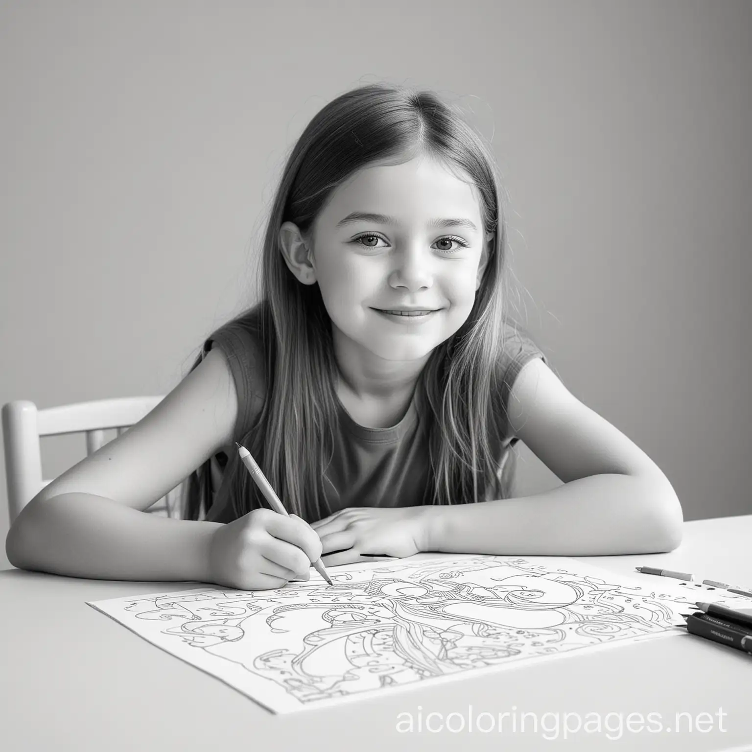 Young girl coloring at her desk, Coloring Page, black and white, line art, white background, Simplicity, Ample White Space. The background of the coloring page is plain white to make it easy for young children to color within the lines. The outlines of all the subjects are easy to distinguish, making it simple for kids to color without too much difficulty