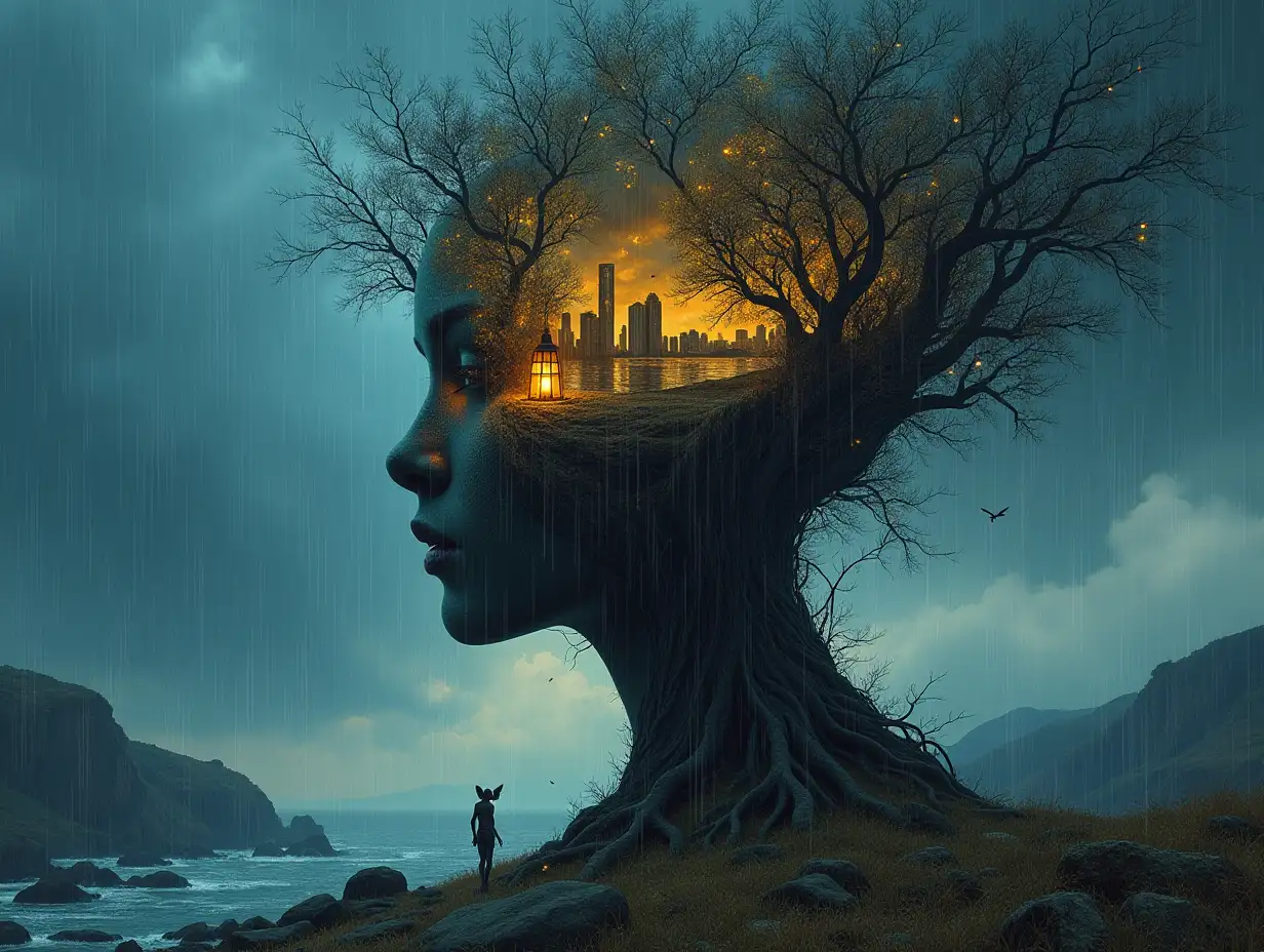 Creating a digital painting of a face with hair transforming into buildings with golden rocky sea and Illuminated trees with roots and lantern and strange alien creatures in a meadow rain blue sky