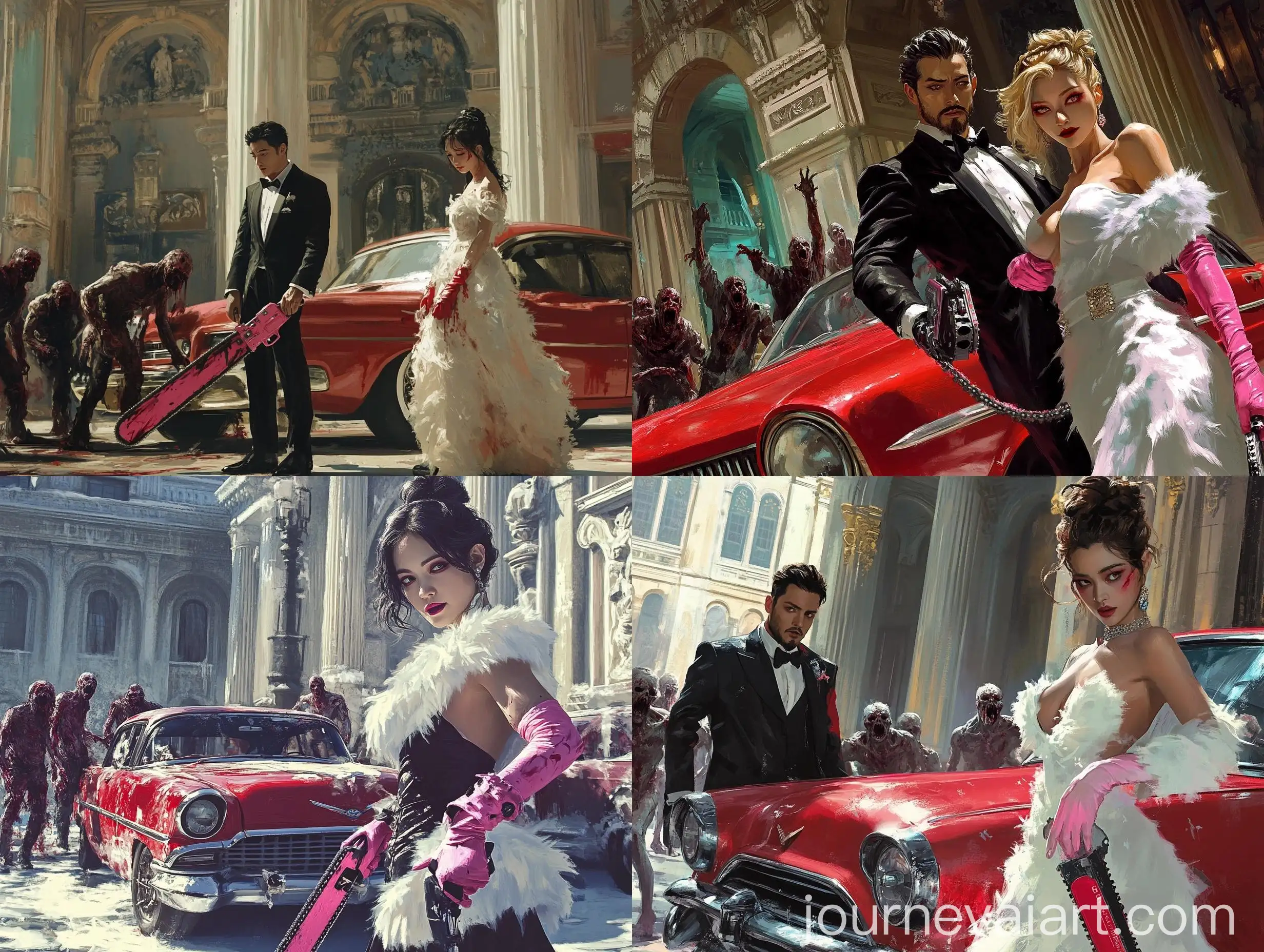 Elegant-Woman-with-Chainsaw-Approaches-Man-in-Tuxedo-Zombies-Lurk