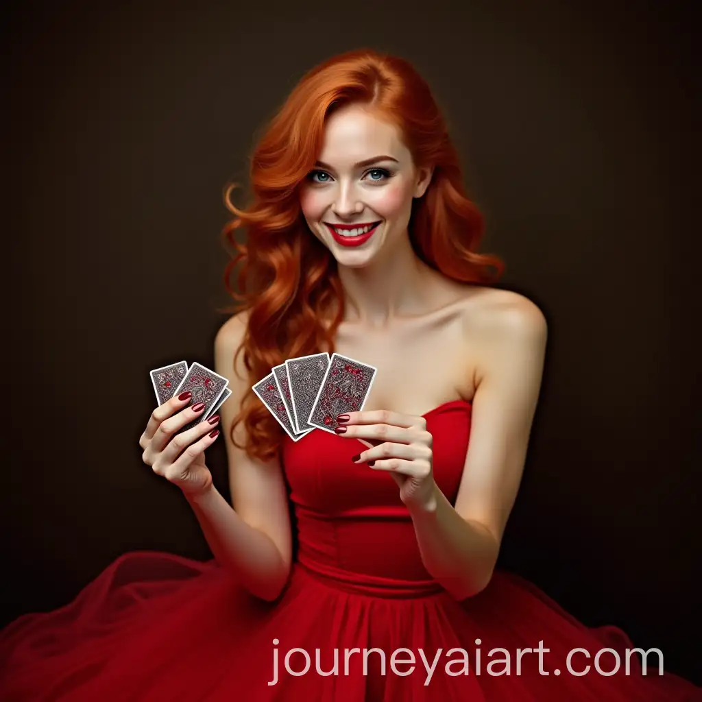 Attractive-Redhead-Young-Woman-in-Elegant-Red-Dress-Holding-Cards