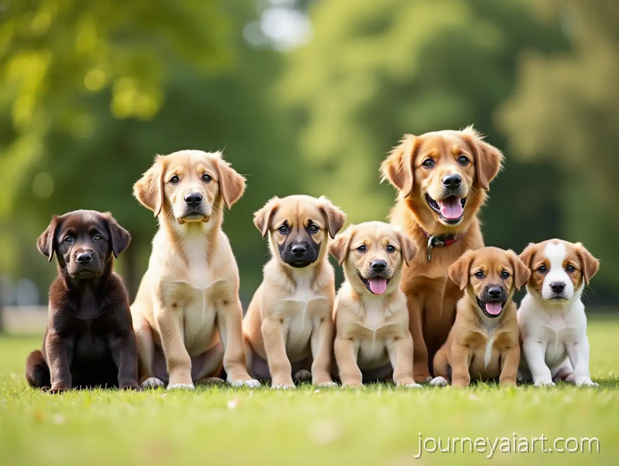 Diverse-Group-of-Puppies-and-Dogs-Sitting-Calmly-in-Sunny-Park