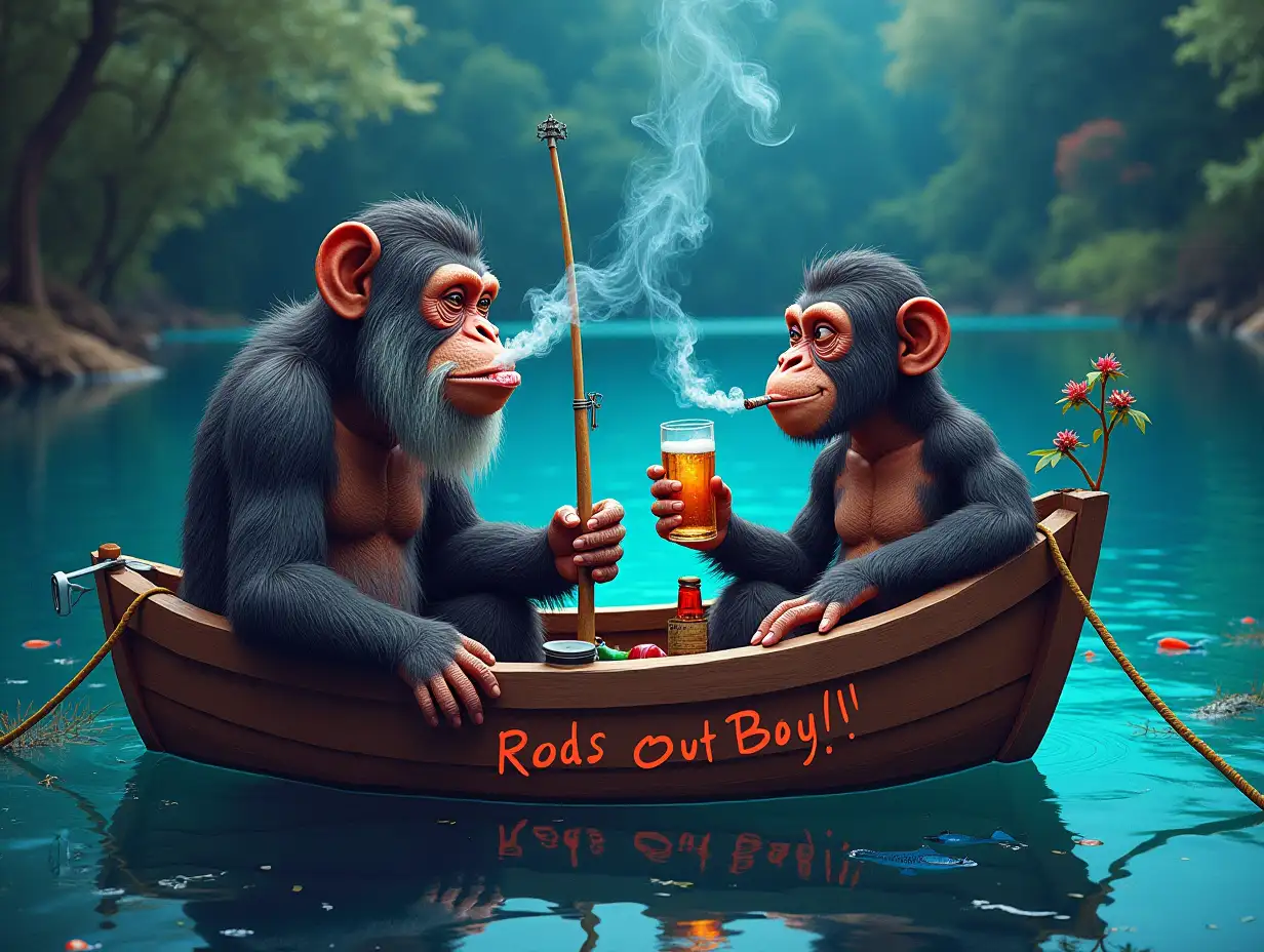 Generate a high-resolution image (suitable for printing or digital display) of two apes in a small boat on an enchanted lake, engaged in a comically intoxicated fishing trip. The scene should have a psychedelic, magic mushroom-inspired look and feel, with vibrant colors, surreal elements, and a sense of mysticism. The older ape should have a grey beard and a marijuana joint hanging out of his mouth, with smoke clouds drifting from the tip. The younger ape should be holding a fishing rod and a beer. Both apes should appear relaxed and chilling out, with their intoxication adding a layer of absurdity to the scene. The lake should have strange, translucent blue water with various mystical fish visible. Booze and other items should be scattered throughout the boat. At the bottom of the image, the text 'Rods Out Boy!!' should be printed.