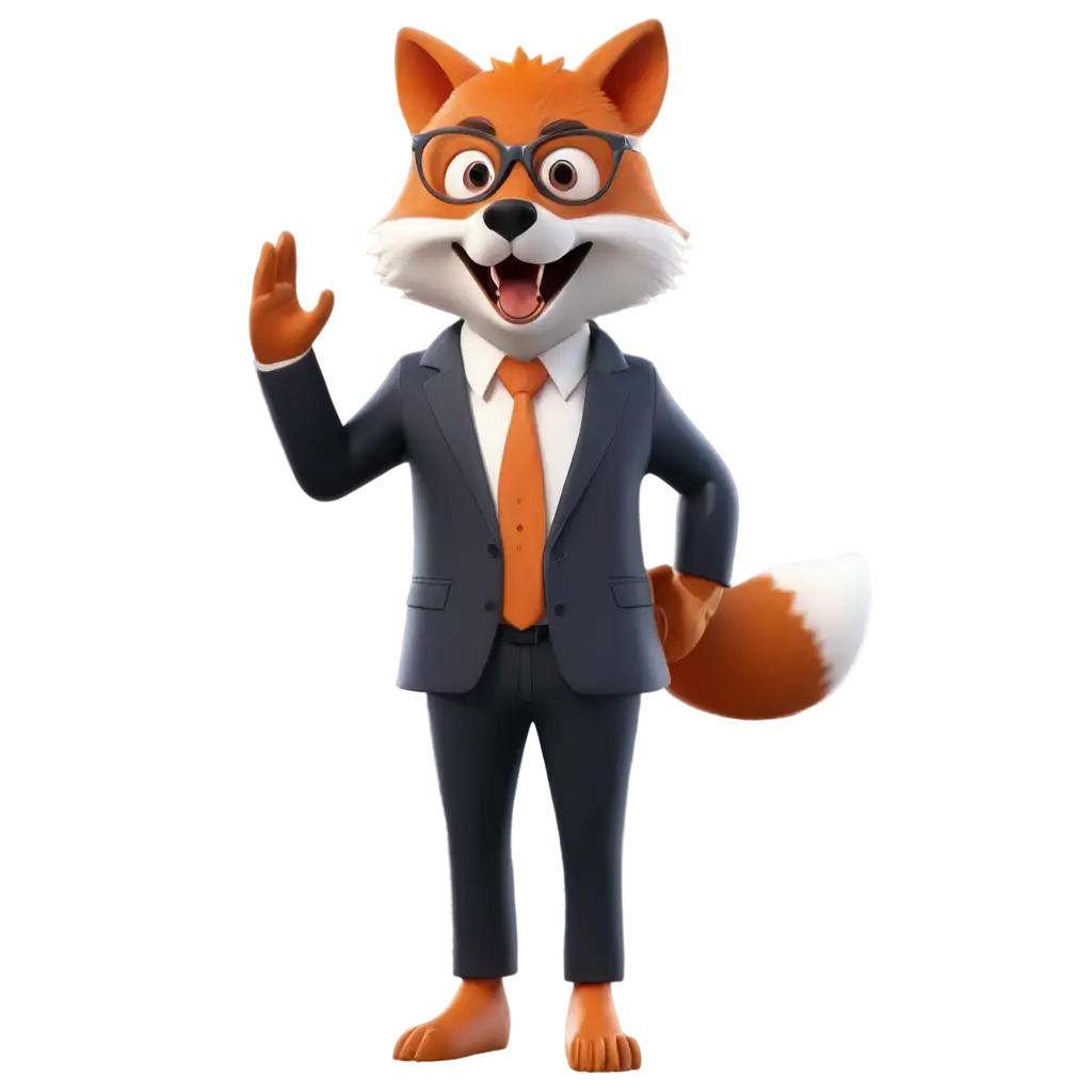 3d fox with glasses and in a suit, waving