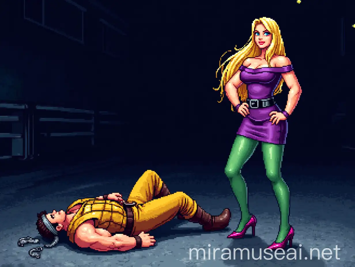 A scene inspired by 1990s arcade beat 'em up games. On the right side of the image stands a powerful female boss character. She has long, flowing blonde hair and wears a tight, off-the-shoulder purple mini-dress, a glossy black belt, green tights, and purple high heels. Her posture is upright, confident, and dominant, showing no signs of damage. On the left side of the image, a large, muscular male fighter lies knocked out on the ground, wearing a yellow combat outfit, boots, and a grey headband. His body is stretched out on the pavement, defeated. The background is a dark urban street at night, with a deep blue color palette and pixelated horizontal lines to indicate the road. The overall composition should clearly show the woman standing victorious on the right and the man defeated on the left, emphasizing her overwhelming strength.