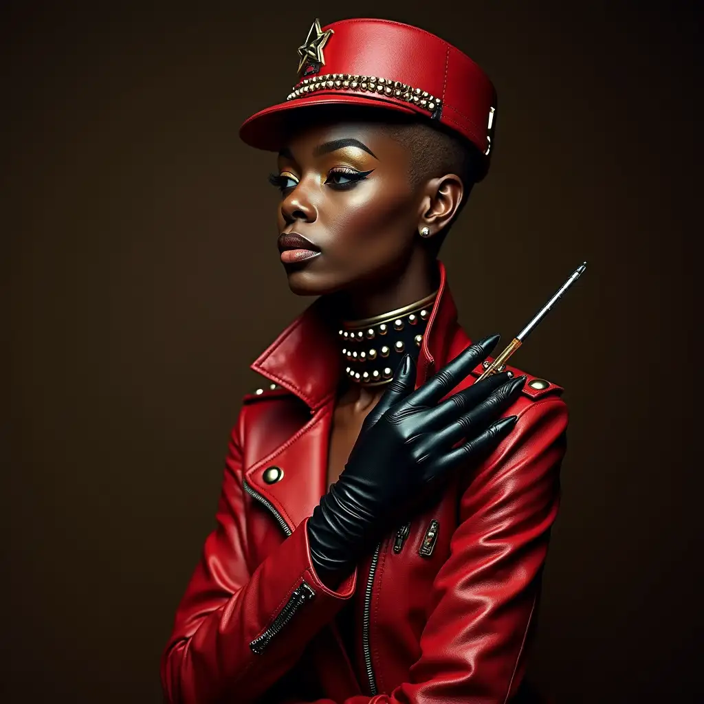 Evil-African-Queen-in-Red-Leather-Studded-Military-Hat-and-Gold-Lipstick-Holding-Injection-Needle