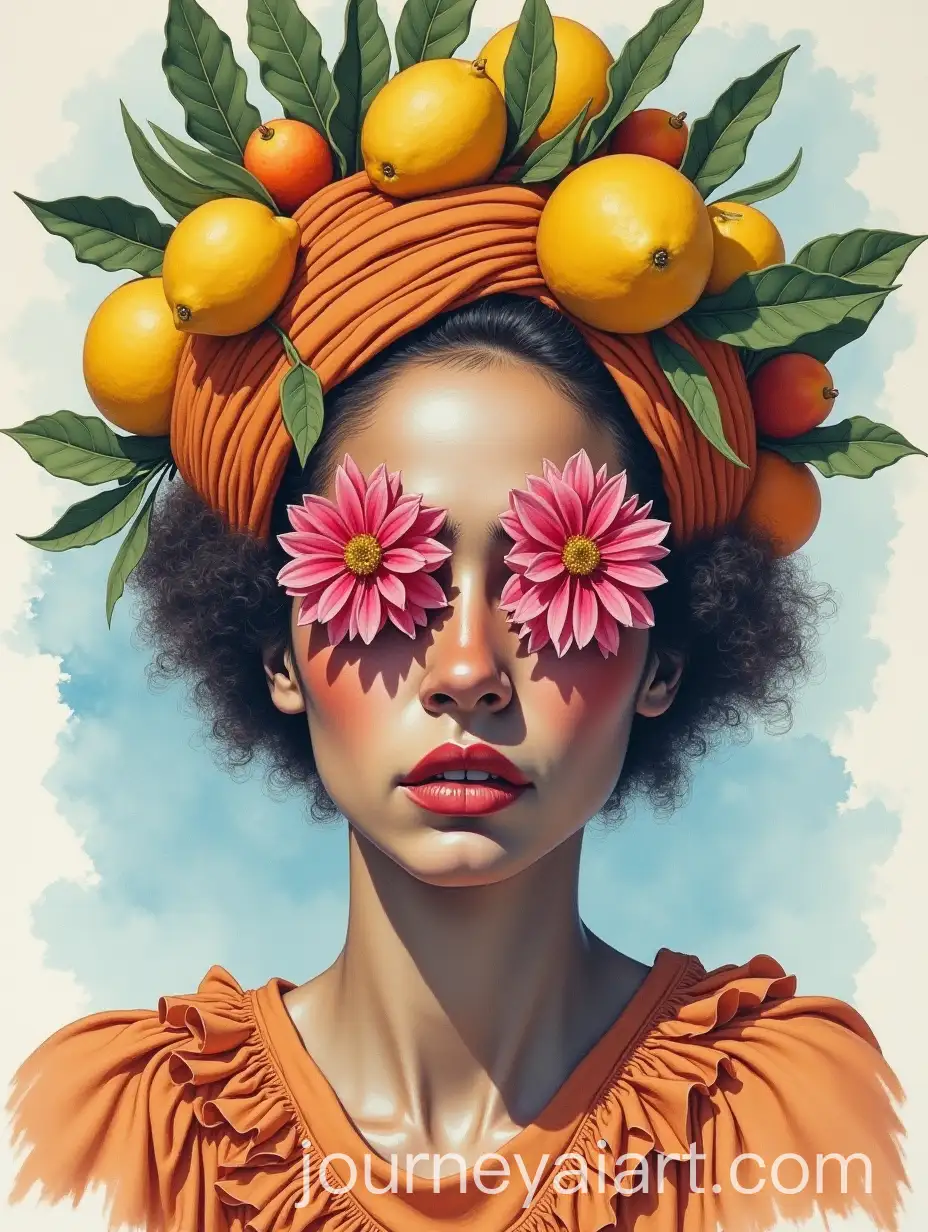 Sicilian-Head-of-Morto-Watercolor-Painting-Featuring-Miriam-Leone-with-Lemons-and-Prickly-Pears