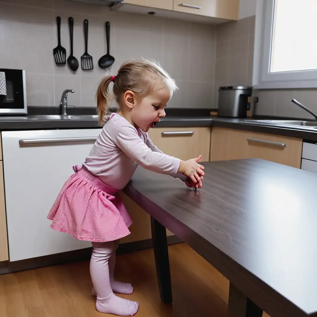 3 year old Polish girl kneels on kitchen table and sucks thumb