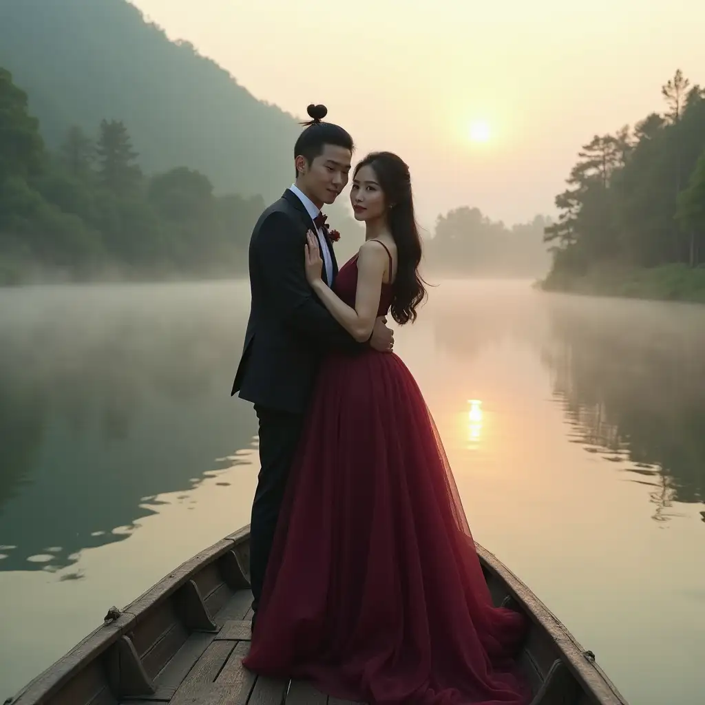 Romantic-Couple-on-Rustic-Boat-at-Sunrise-in-Misty-Lake