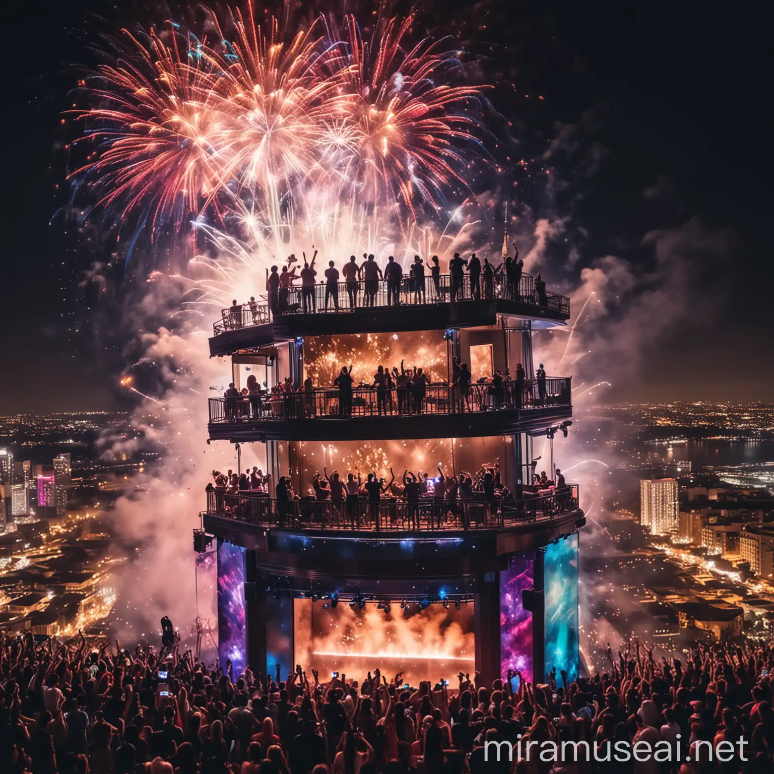 Colorful Fireworks Party on High Top Luxury Building