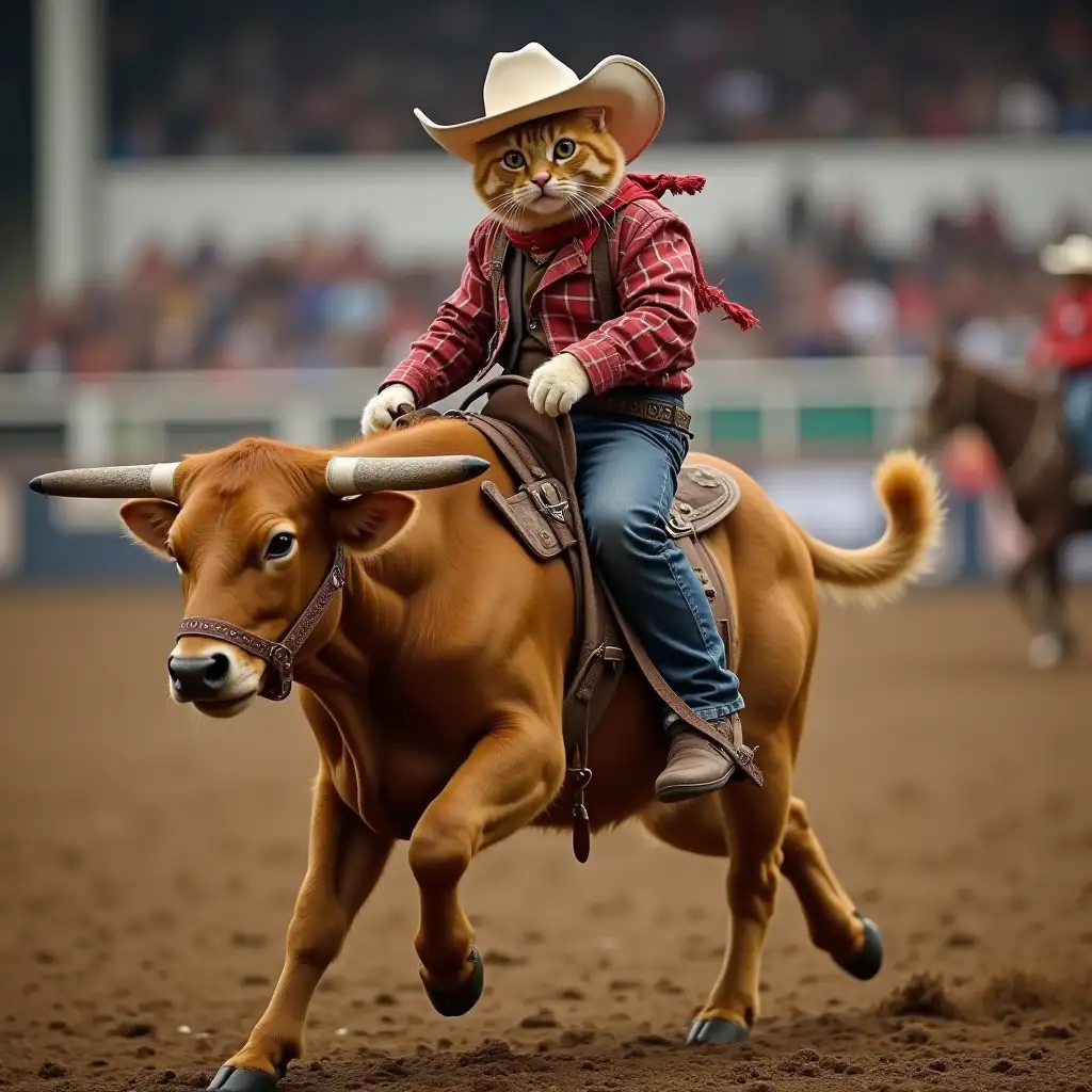 Ginger-British-Shorthair-Cat-Dressed-as-Cowboy-Riding-Bucking-Bull-in-Rodeo-Arena