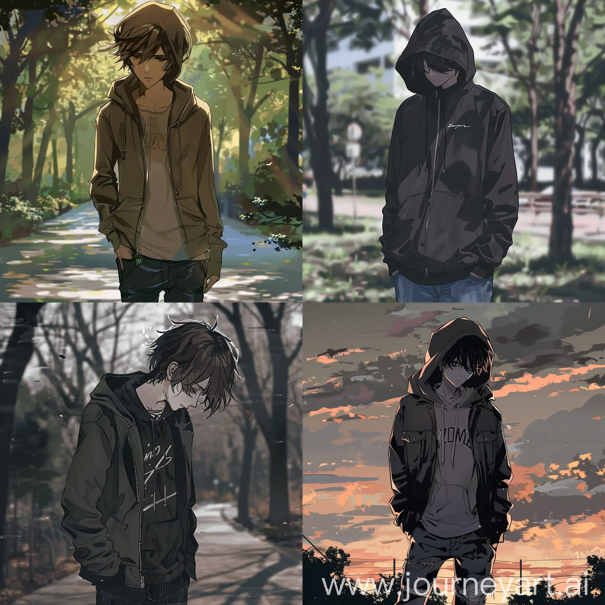 Anime-Style-Picture-of-a-Guy-in-Hoodies-and-Jeans-at-a-Park-with-Zom-Poir-Jacket
