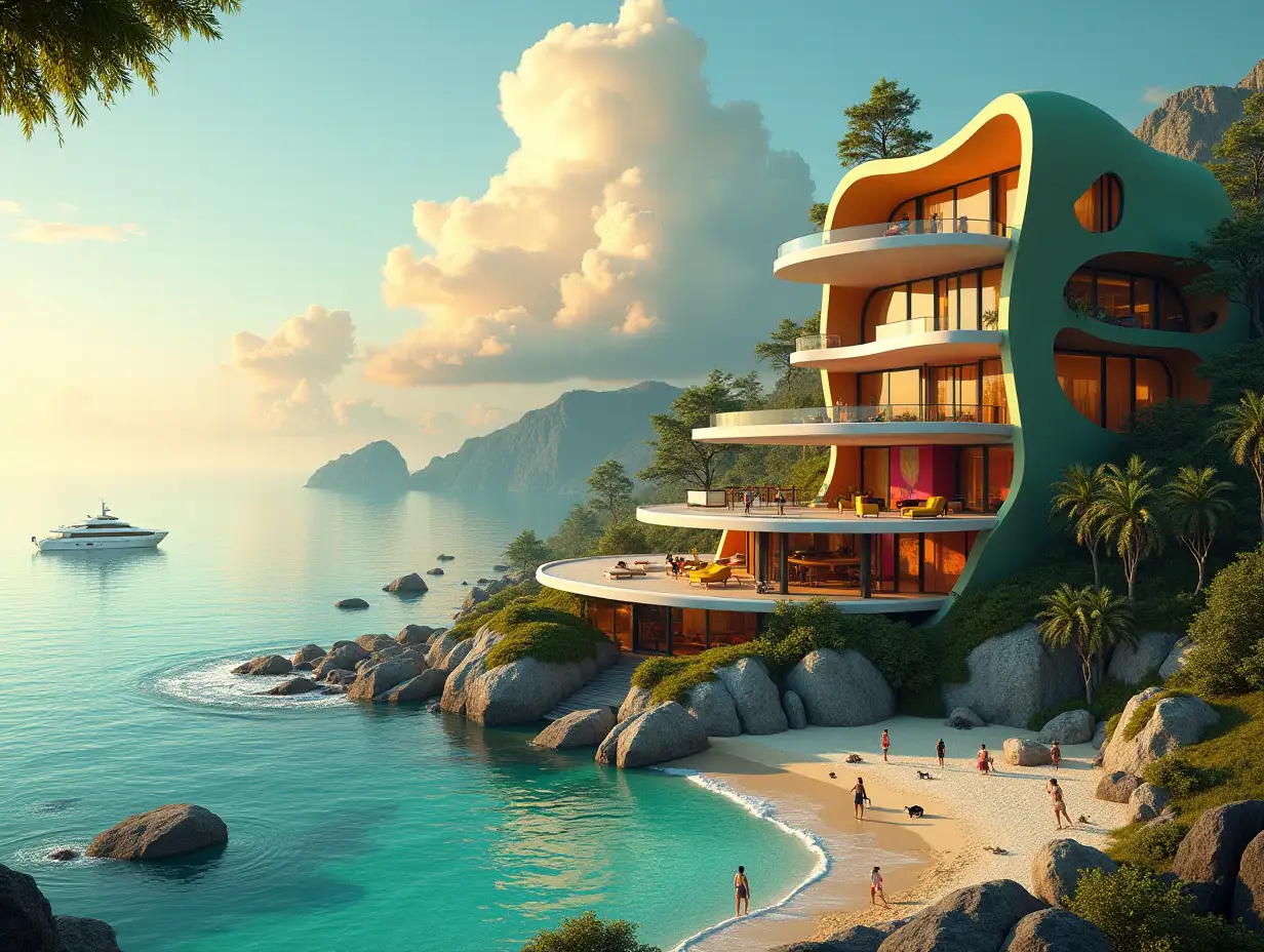 Create a high-resolution, realistic image of a futuristic terrace building with window Ellipse house with bridge, a yacht and a small boat beach with many people and animals  many plants and green and yellow and red facades  with sea with waves, large trees, orange clouds 20mm wide angle