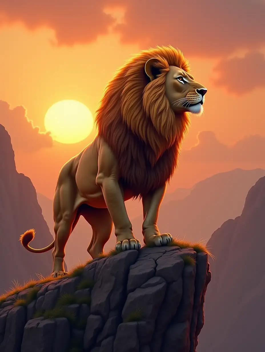 Create a majestic lion with a muscular, regal body, standing proudly on the edge of a rugged cliff. The lion’s golden mane flows gently in the wind, and its intense gaze is directed towards the horizon, mirroring the sunset in the background. The sunset bathes the scene in warm orange and pink hues, with the lion exuding an aura of strength and courage as it stands in this magnificent landscape.