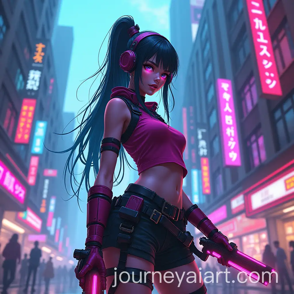 Cyberpunk-Neon-Warrior-Girl-in-Futuristic-Cityscape-at-Night