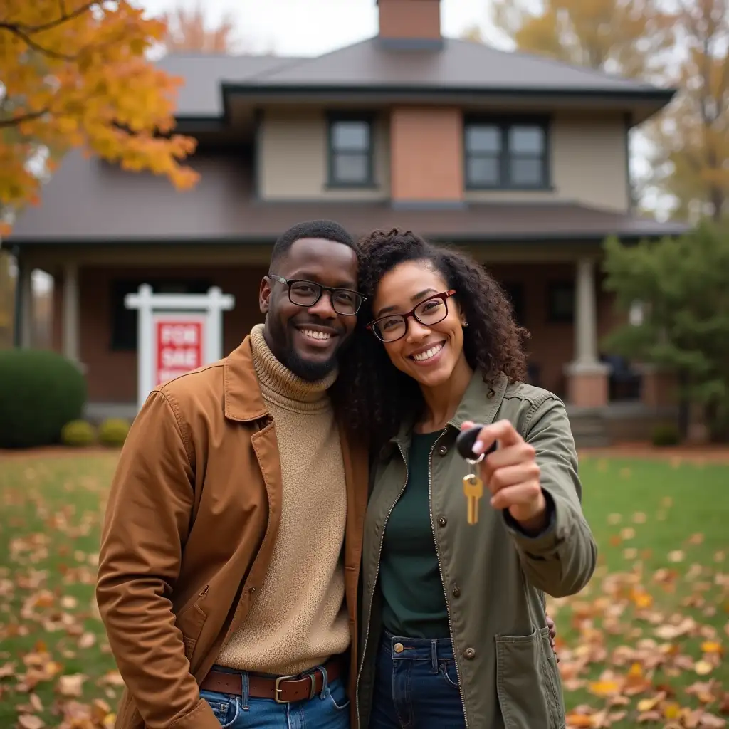 Joyful African American Couple Celebrating Their New Home in Autumn