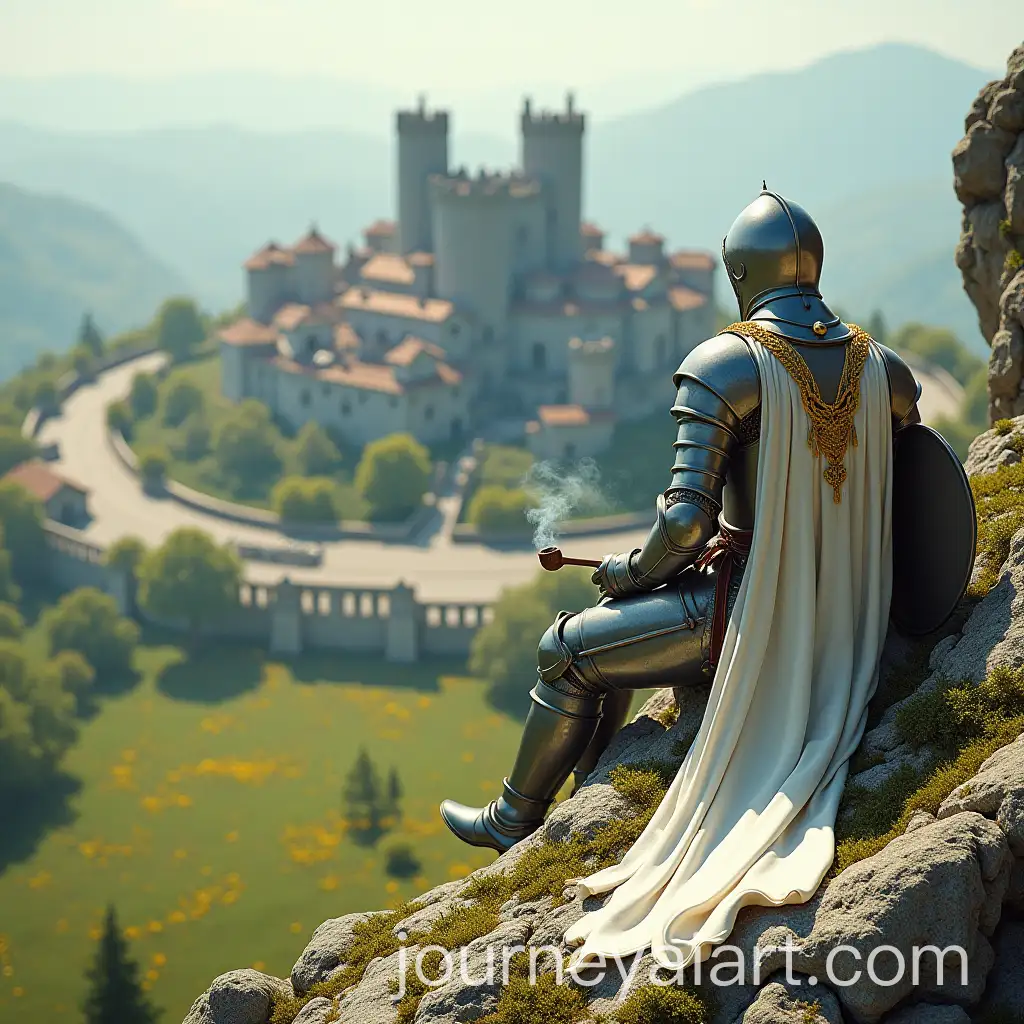 Knight-Resting-on-Mossy-Rock-Overlooking-Vibrant-Meadow-and-Village