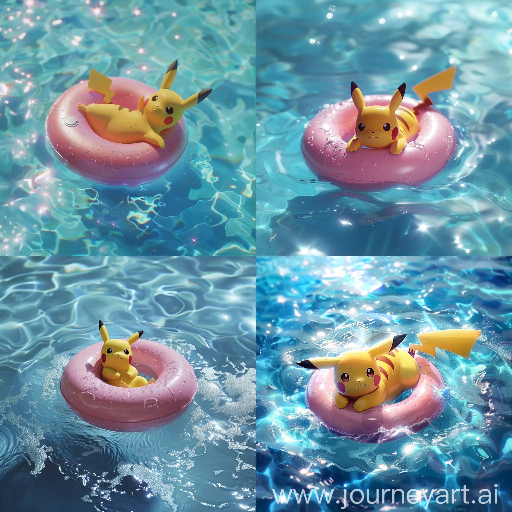 Pikachu-Floating-on-Pink-Inflatable-Ring-in-Blue-Sparkling-Water