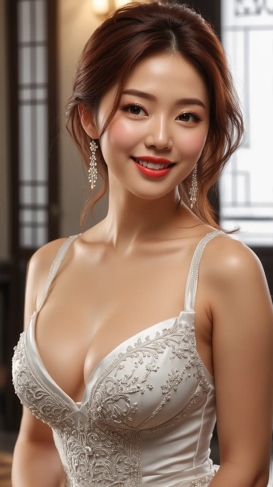 Glamorous-Korean-Beauty-in-Luxury-Hall-with-Deep-Cleavage-and-Elegant-Dress