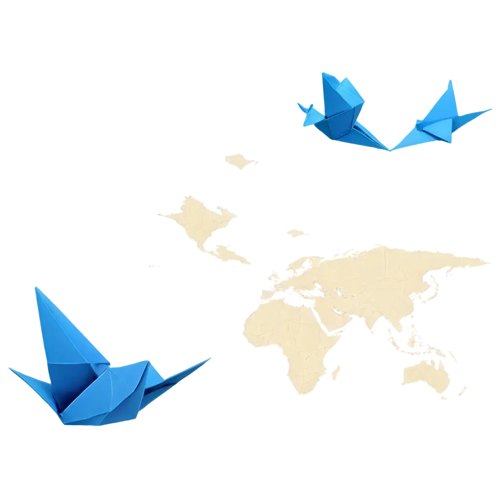 A blue origami bird with international map