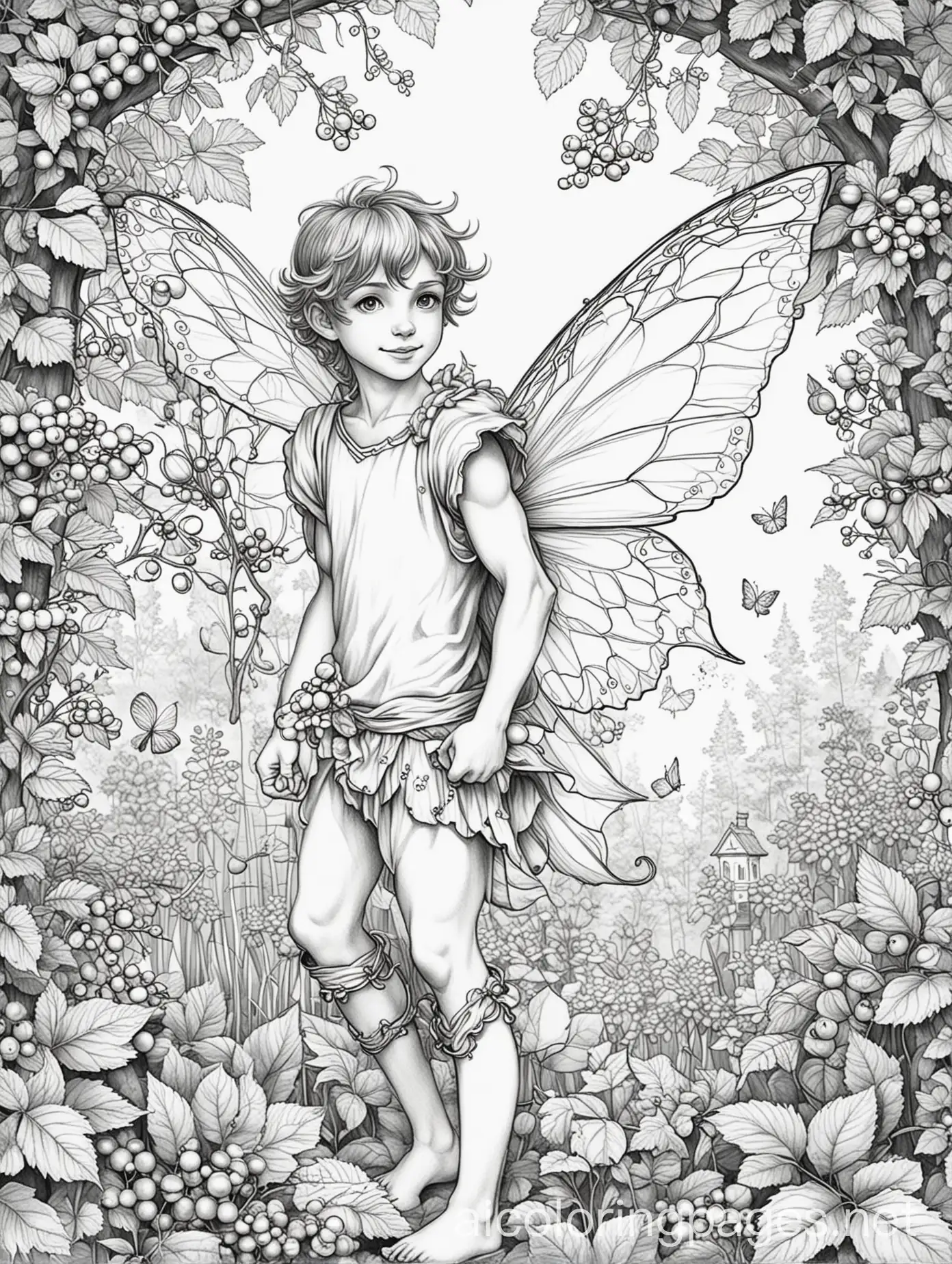 fantasy and cute male fairy that collect berries from garden, black and white, line art, simple coloring for kids, Coloring Page, black and white, line art, white background, Simplicity, Ample White Space. The background of the coloring page is plain white to make it easy for young children to color within the lines. The outlines of all the subjects are easy to distinguish, making it simple for kids to color without too much difficulty