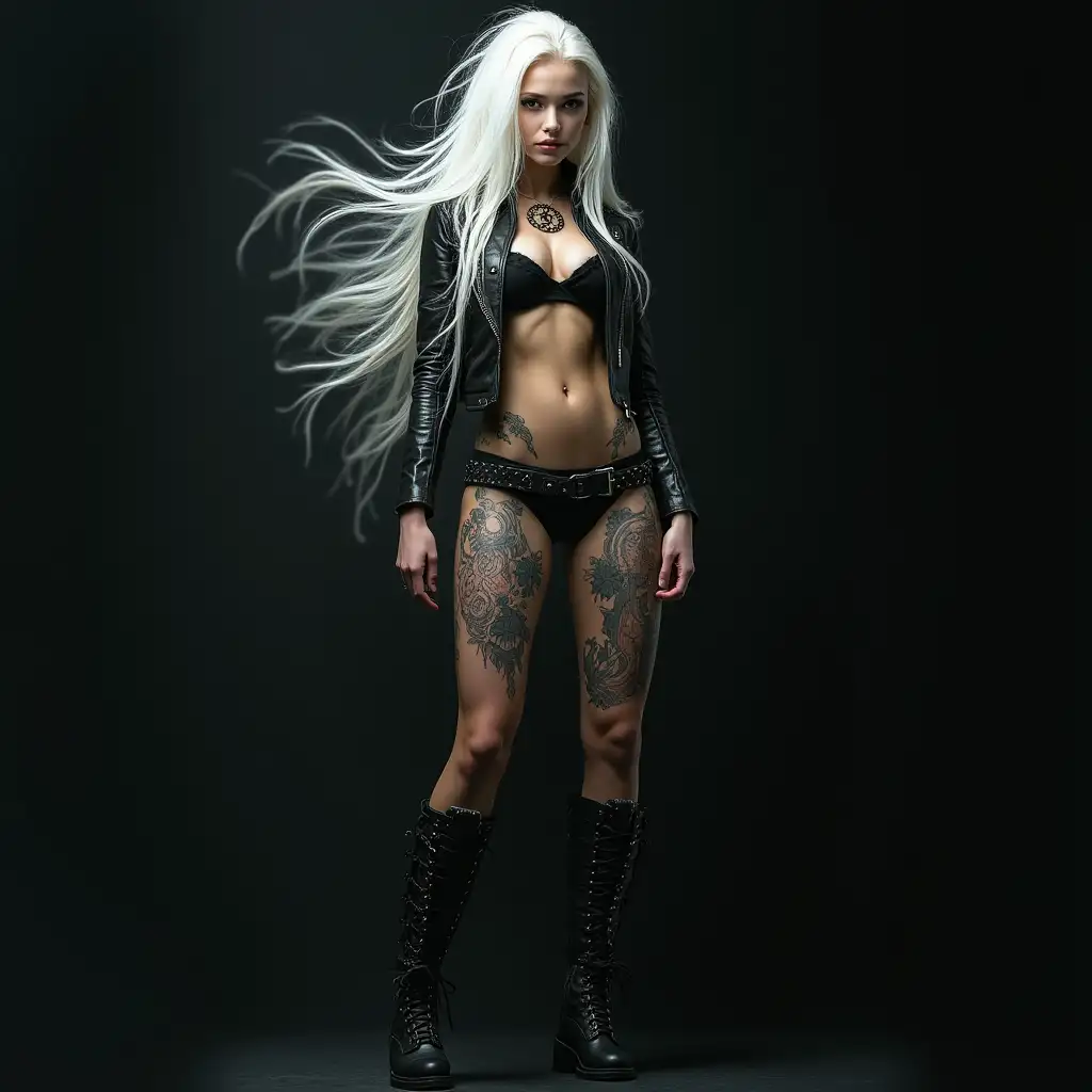 Depiction of a beautiful white woman with tattoos and long mixed white-black hair in a futuristic style and laced boots, Blurry black background (120mm) shot poster