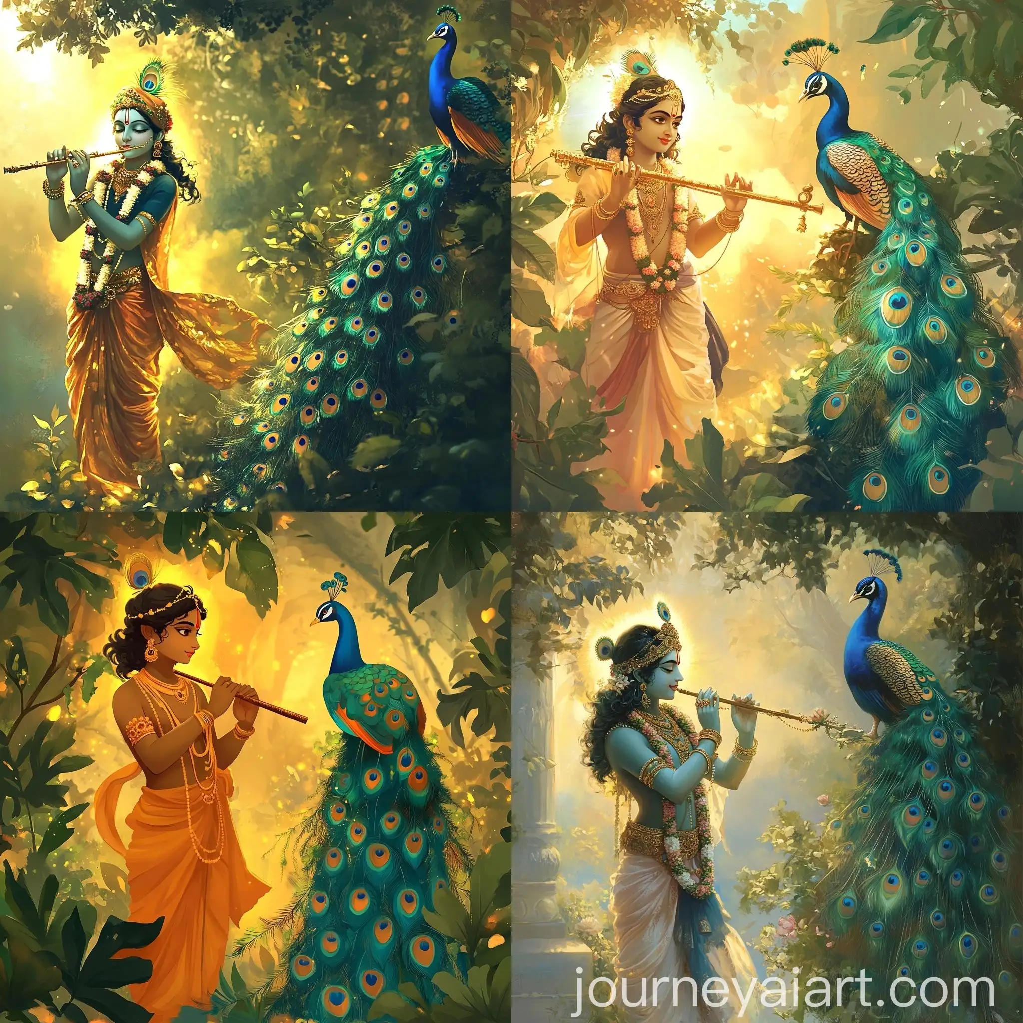 Divine-Illustration-of-Lord-Shri-Krishna-with-Peacock-in-Spiritual-Ambiance