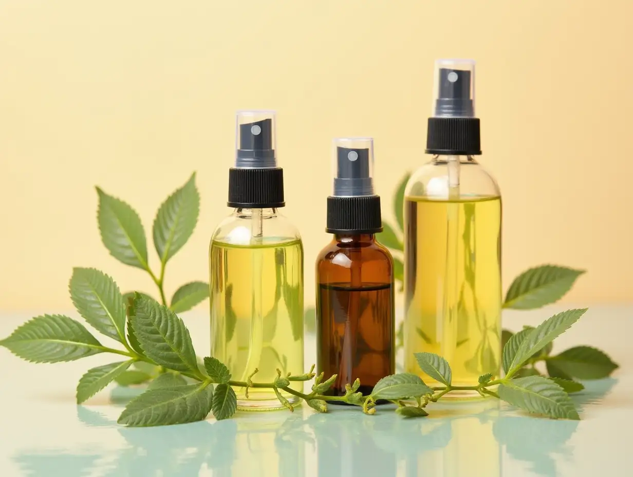 Composition with bottles of essential oil and plant leaves in water on color background