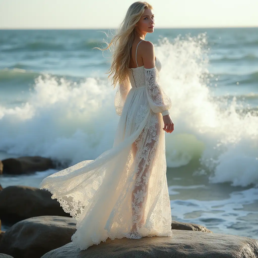 Russian girl, beautiful, blonde, long hair, 19 years old, long white lace dress with sunlight, long sleeves, bare shoulder, full body, realistic image, standing on a rock, smooth gray rocks, behind her sea waves, water hitting rocks, water splashing, air