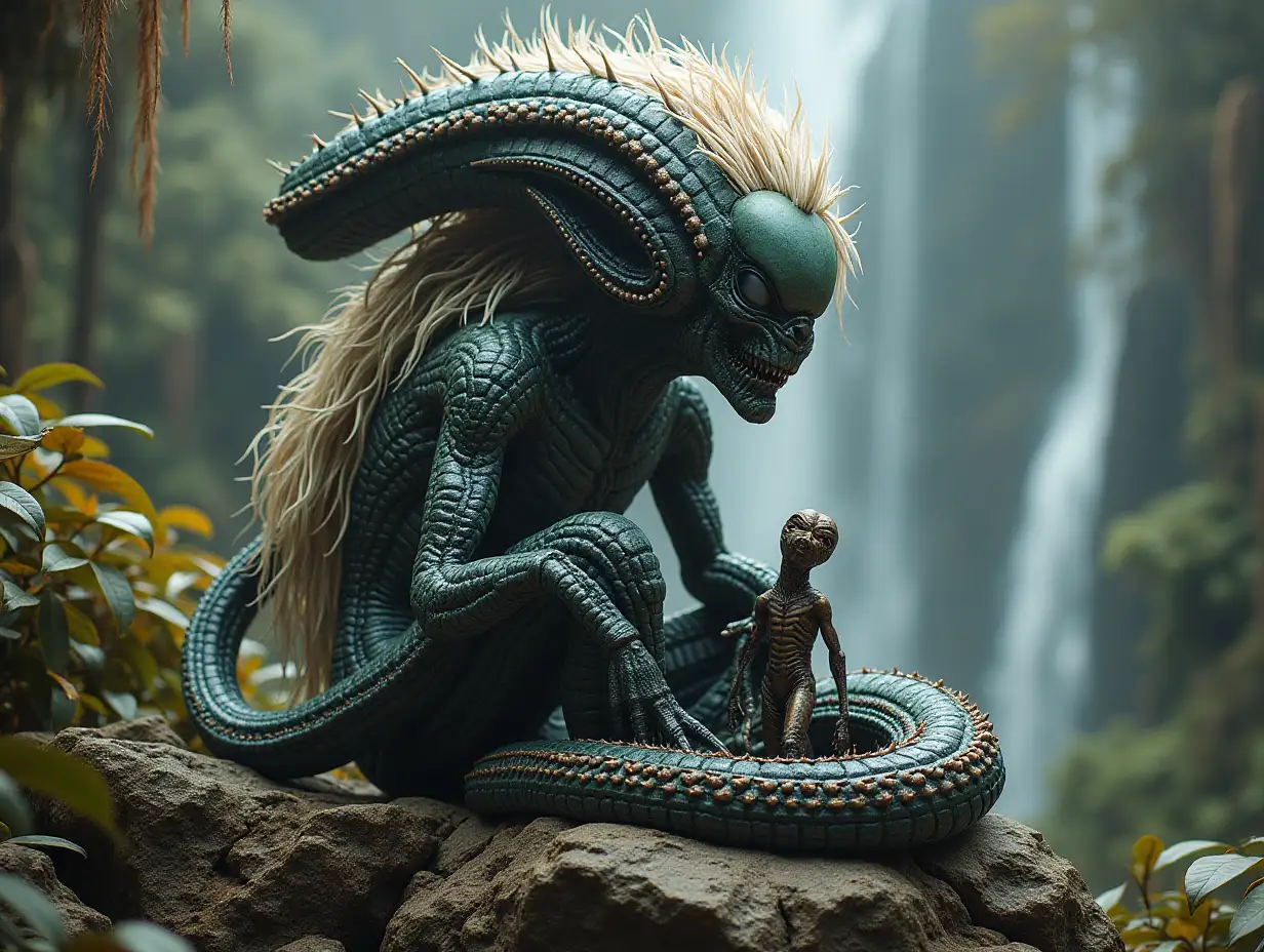 Hyperrealistic portrait of a 15 meter tall Metal Alien King with hair on a rock with thorny plants with different small /Alien with hair giant alien snake with intricately detailed, colorful with rainforest, waterfall,see plants-Background