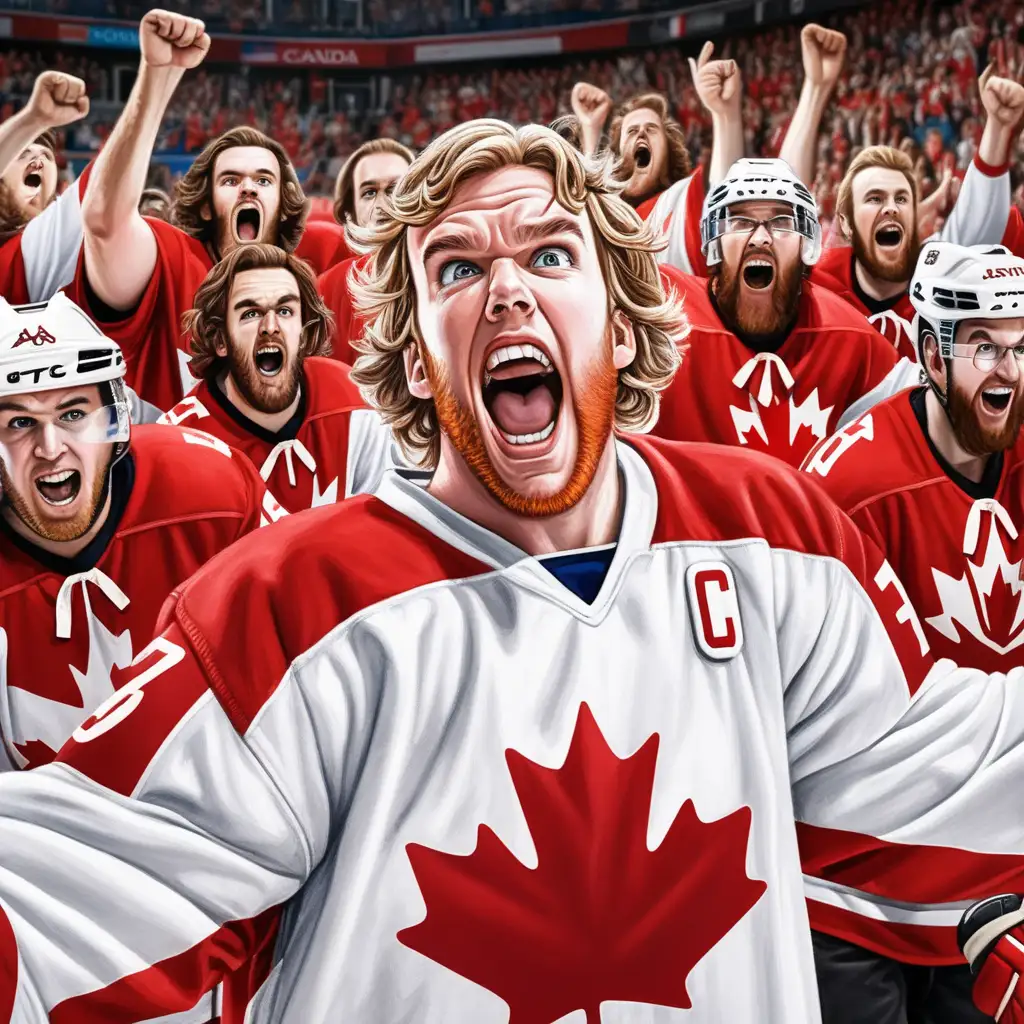 Hockey player Connor McDavid is dressed as Jesus. He is cheeringnHe is surrounded by cheering Team Canada hockey players. In the style of a political cartoon.