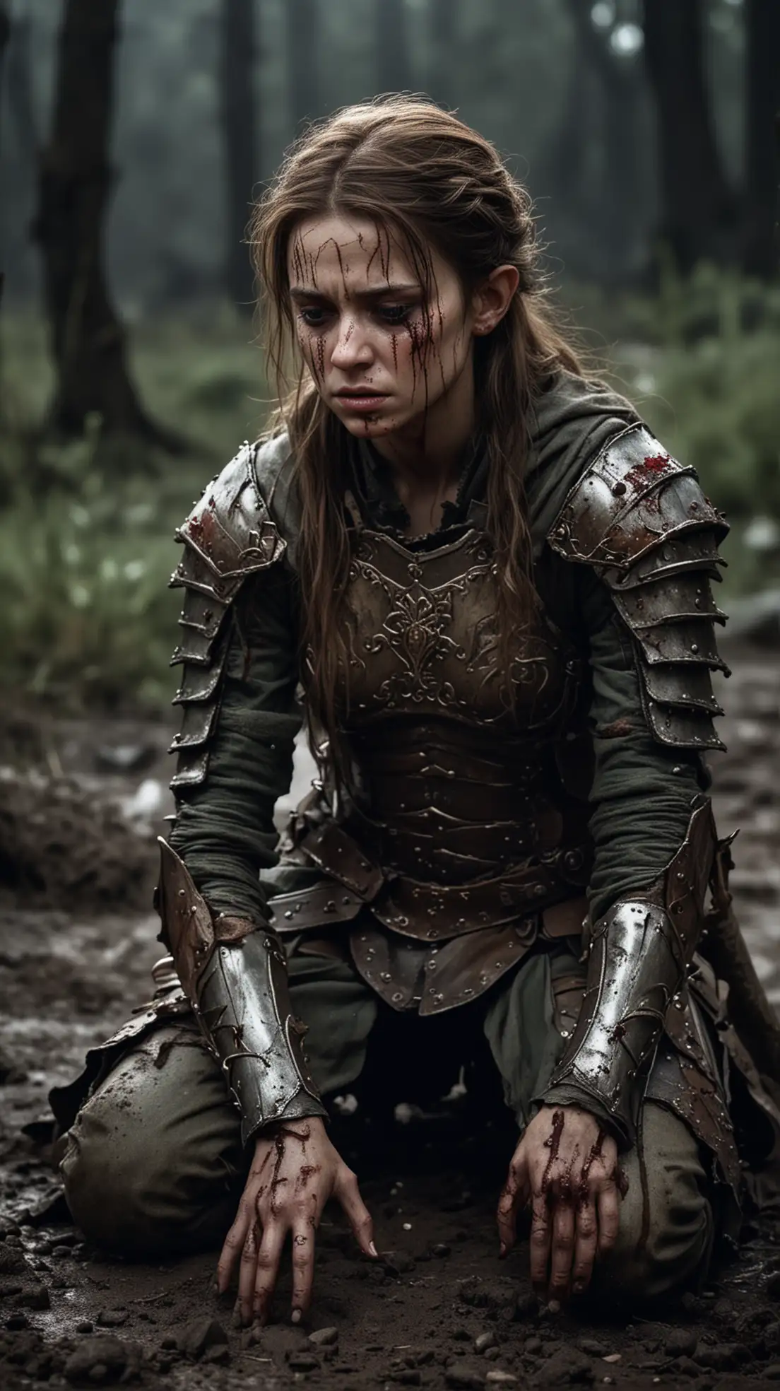 Elf princess with brown hair and light damaged armour wounded with a heavily bruised face, gruesome wounds, battle worn, blackened eyes, covered in blood and dirt, who is kneeling on a desolate battlefield at a dark night. She is suffering with closed eyes and tortured with agonizing pain.