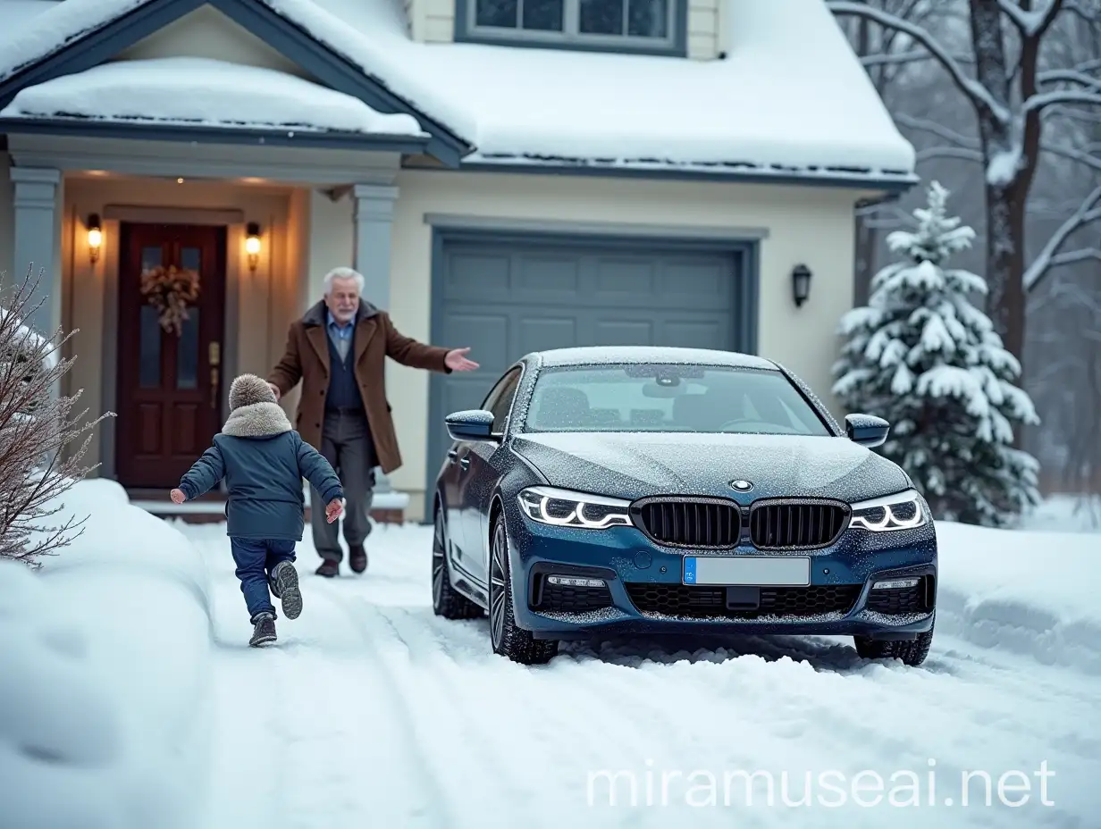 The BMW E-Car is in the snow-covered driveway in front of the house, the grandfather is standing at the house door with his arms outstretched, the little boy runs up the driveway to him