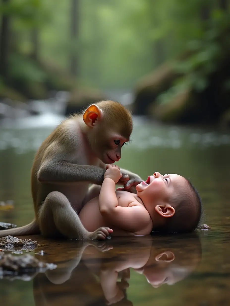 A baby monkey caresses and breastfeeds a human baby who is lying and crying by a river in the forest.