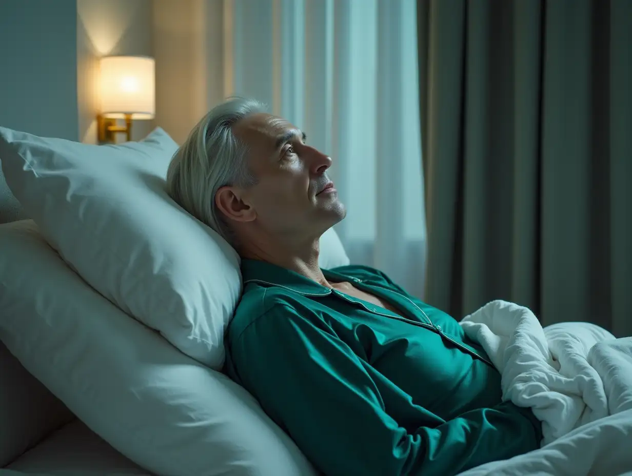 Ultra-realistic full-length side-view light photo. A man sits half-lying in bed and looks at his son who has come in a luxurious white ward of the wizarding hospital of St. Mungo. This is Lucius Malfoy, a handsome youthful-looking 47-year-old gray-eyed man with an aristocratic face, high sharp cheekbones and a sharp chin, pale skin, smooth platinum gray long straight hair lying on his shoulders. He has a painfully thin, emaciated body, a pale, emaciated clean-shaven face with sharpened features, with dark circles under the eyes, a sharp look of gray eyes. He is dressed in luxurious emerald silk pajamas, covered with a white blanket.