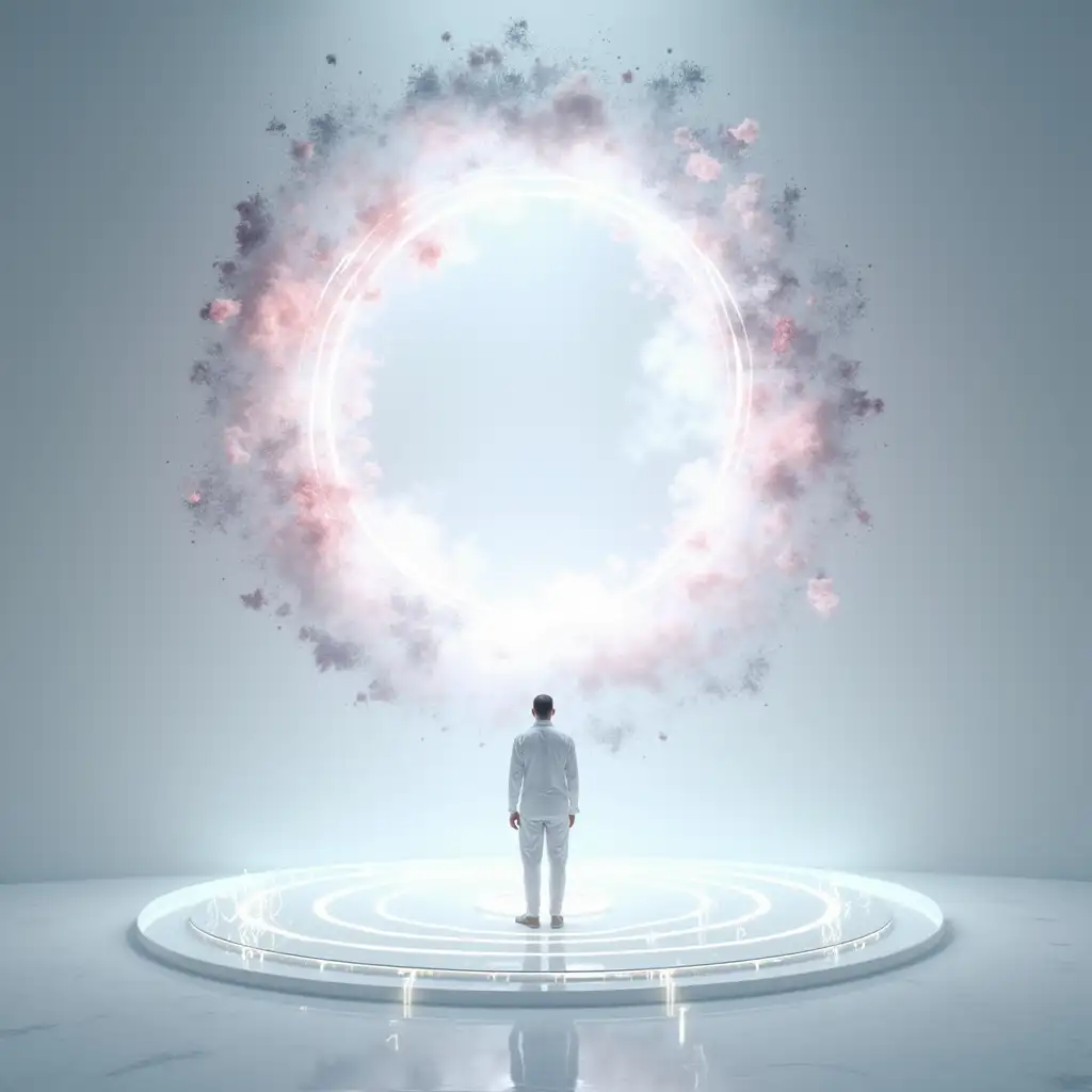 Man in Celestial Room Surrounded by Galactic Energy Ring